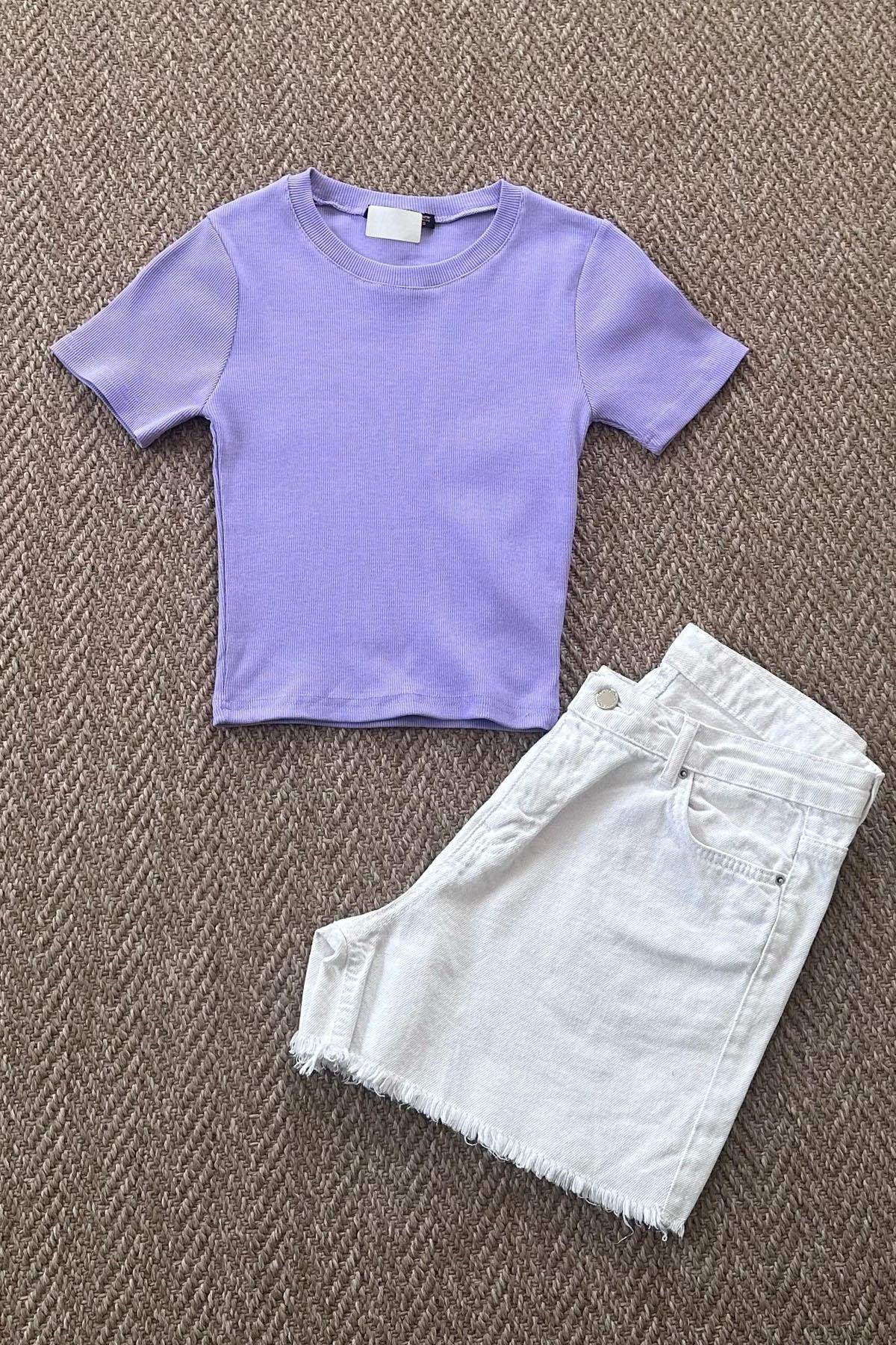 Kadın Fitilli Crop Tshirt - MOR