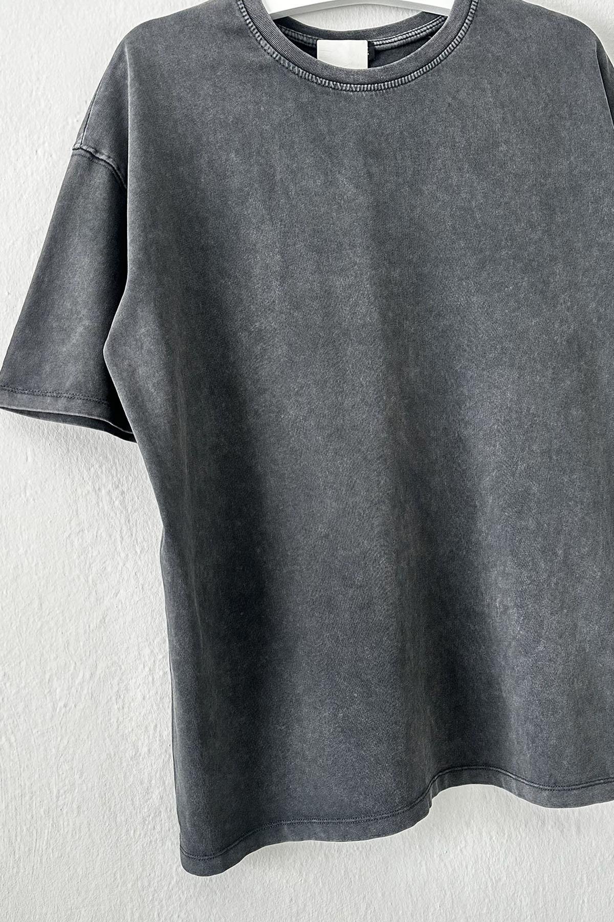 Kadın Kalın Kumaş Yıkamalı Basic Tshirt - ANTRESİT