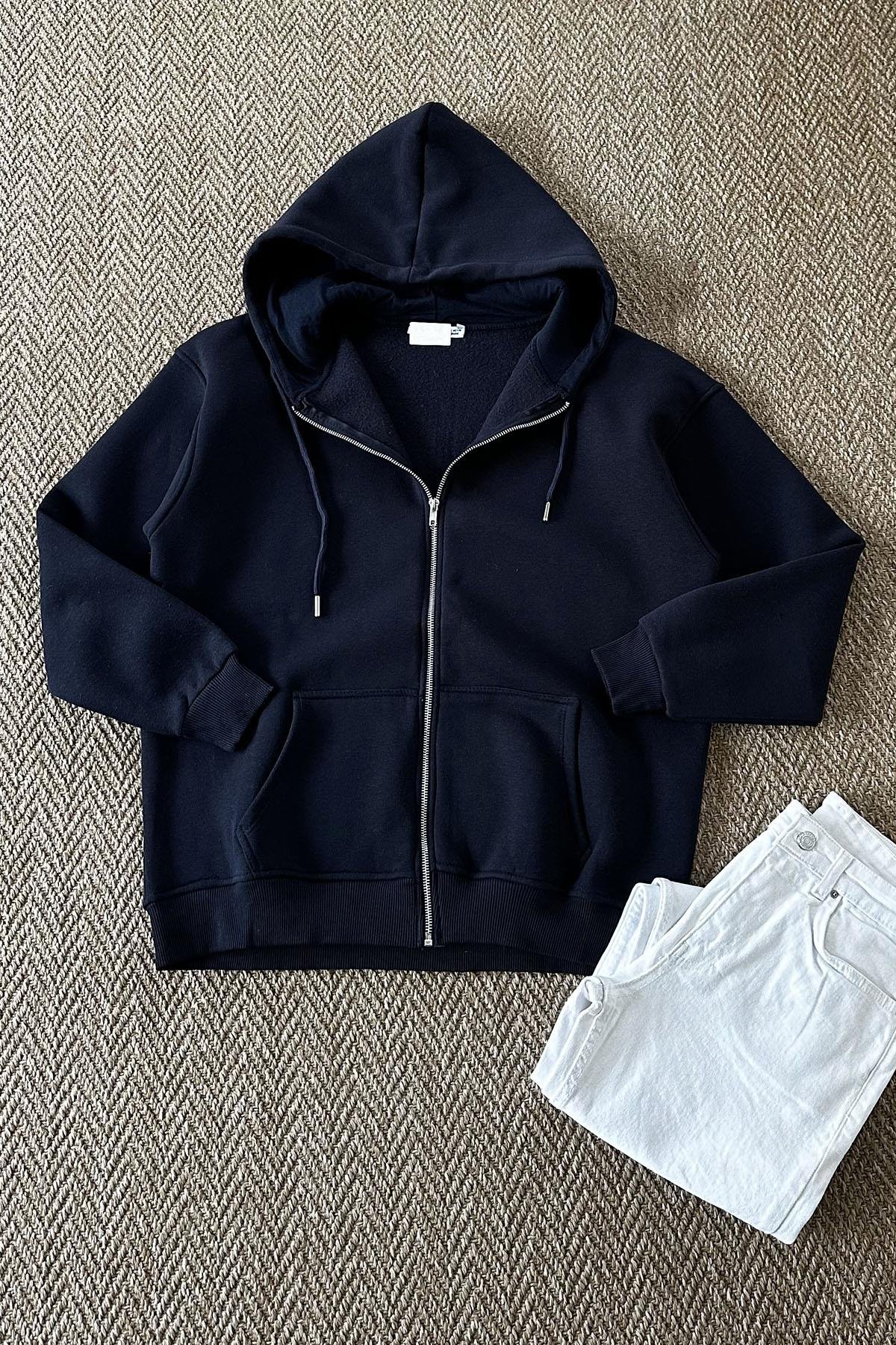 Kadın Kapüşonlu Fermuarlı Uzun Sweatshirt - LACİVERT
