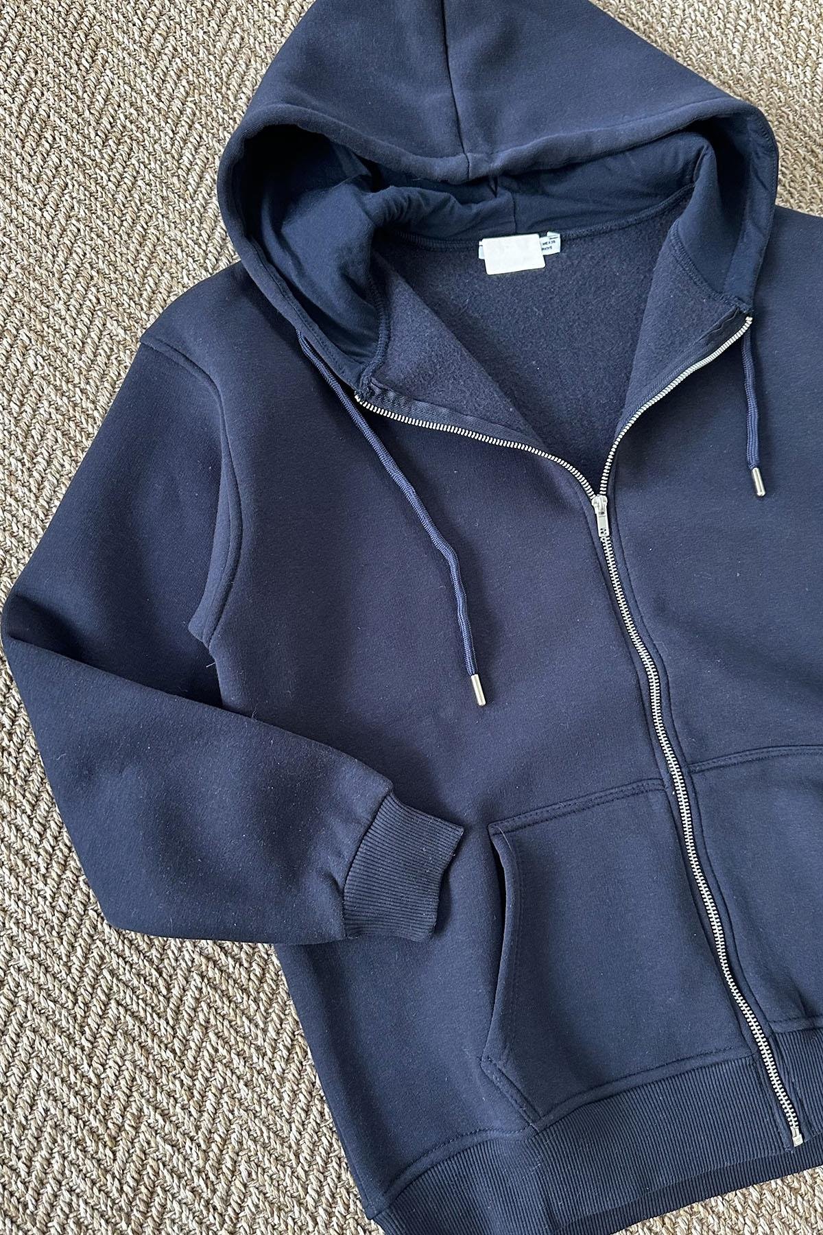 Kadın Kapüşonlu Fermuarlı Uzun Sweatshirt - LACİVERT
