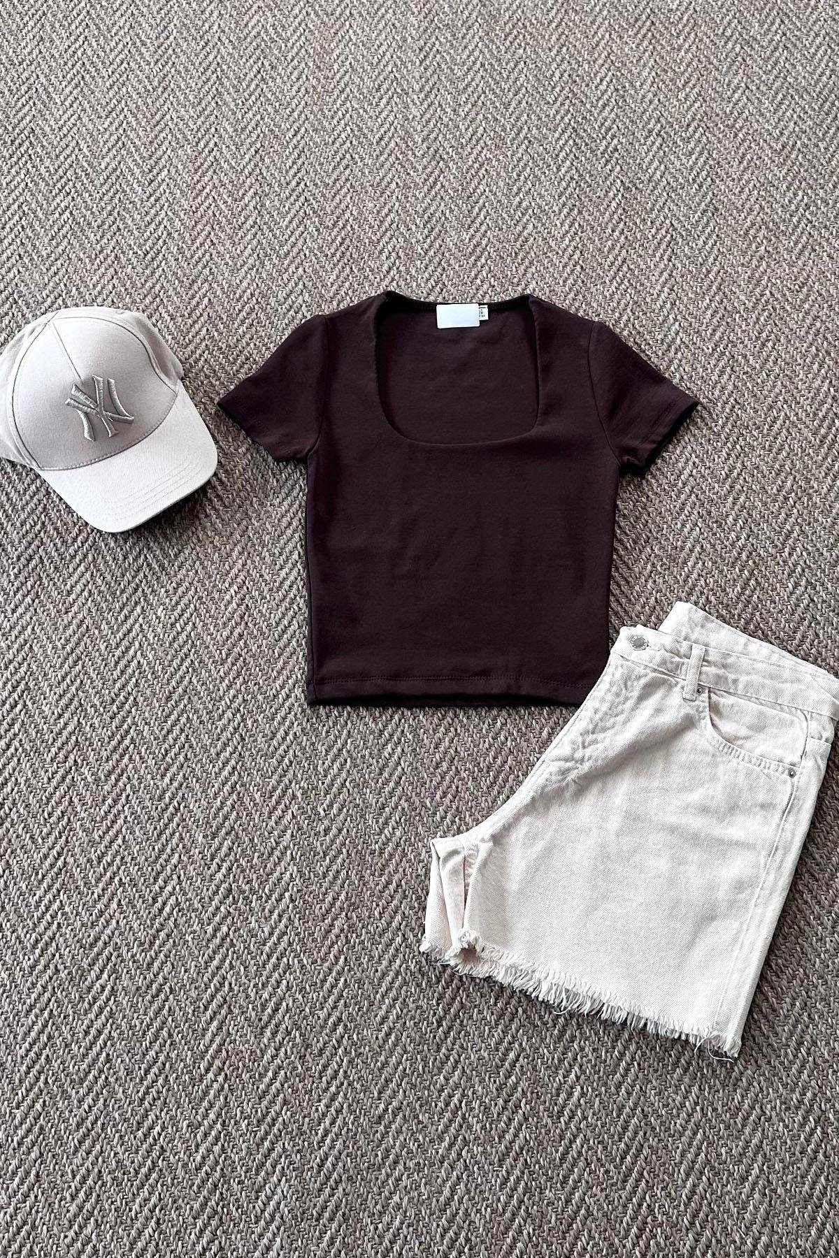 Kadın Kare Yaka Likralı Ribana Crop Tshirt - KAHVE
