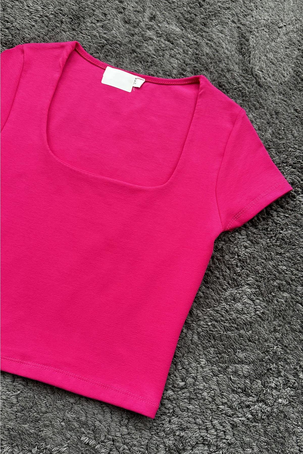 Kadın Kare Yaka Likralı Ribana Crop Tshirt - FUSYA