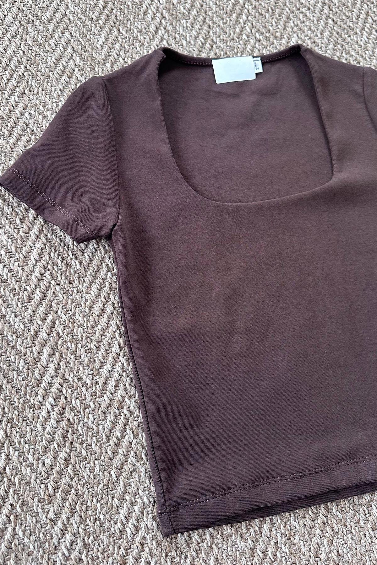 Kadın Kare Yaka Likralı Ribana Crop Tshirt - KAHVE