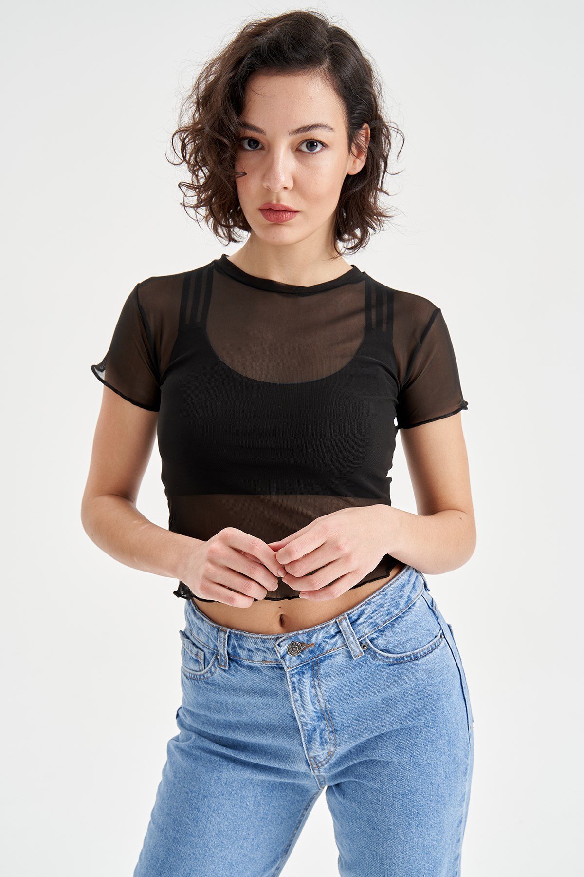 KADIN KISA KOLLU SİYAH TÜL BODY