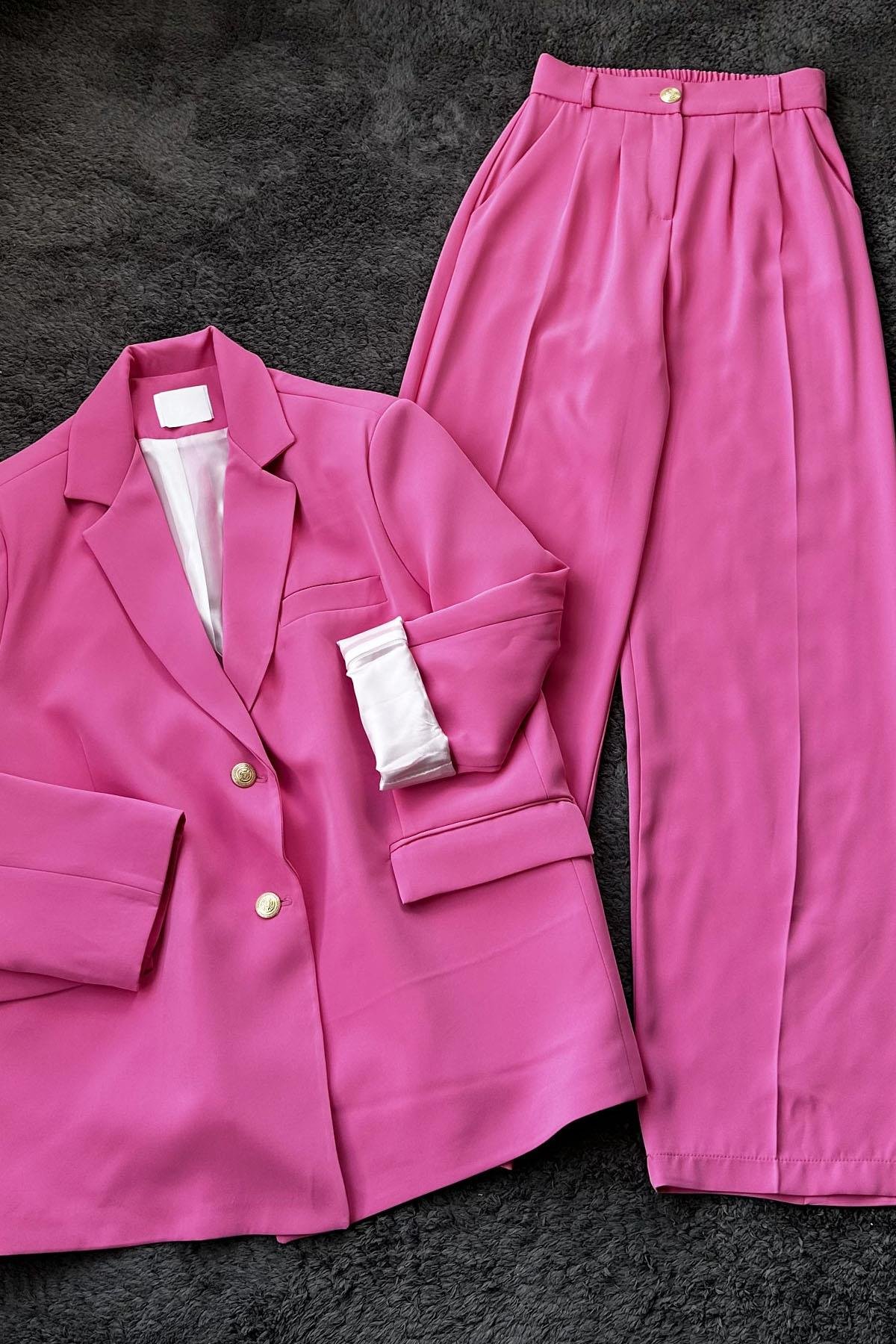 Kadın Kruvaze Ceket Palazzo Pantolon Takım - PEMBE