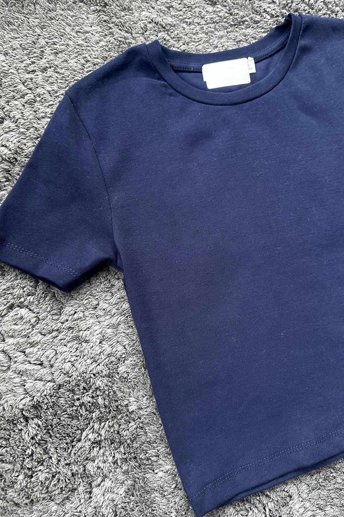 Kadın Likralı Ribana Basic Kısa Kollu Crop Tshirt - LACİVERT