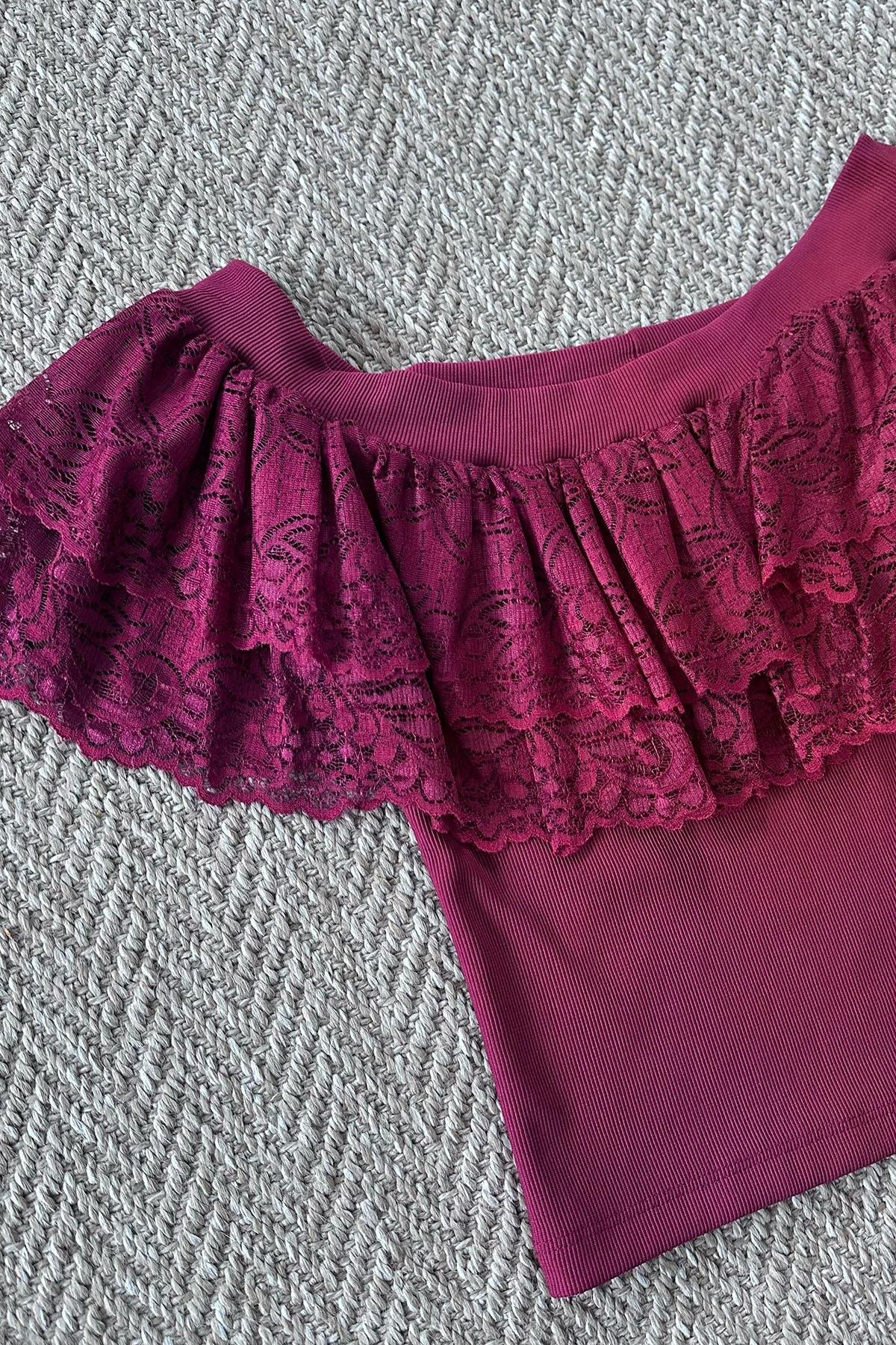 Kadın Madonna Yaka Dantelli Bluz - BORDO