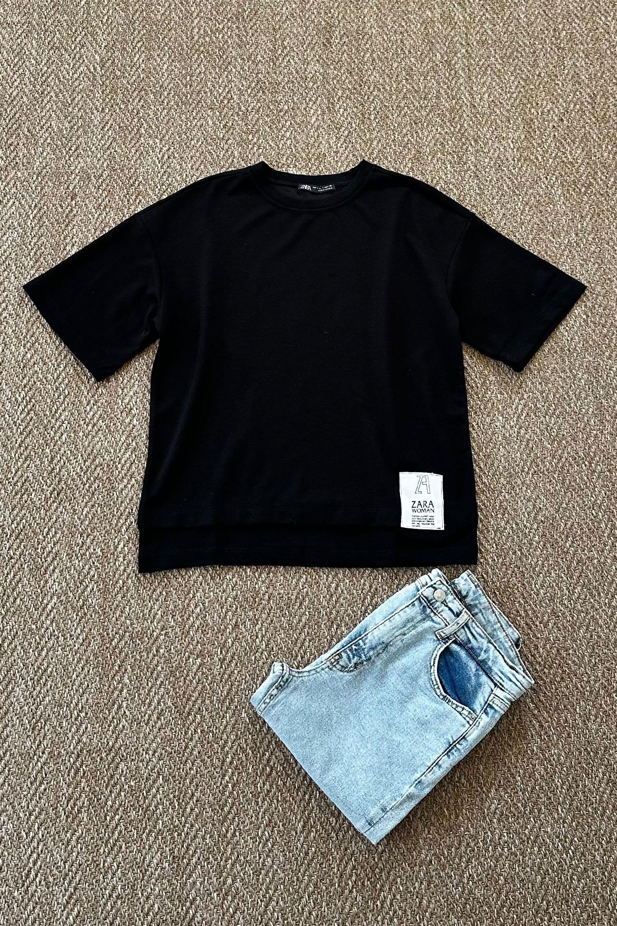 Kadın Marka Etiket Baskılı Kısa Kol Tshirt - SİYAH