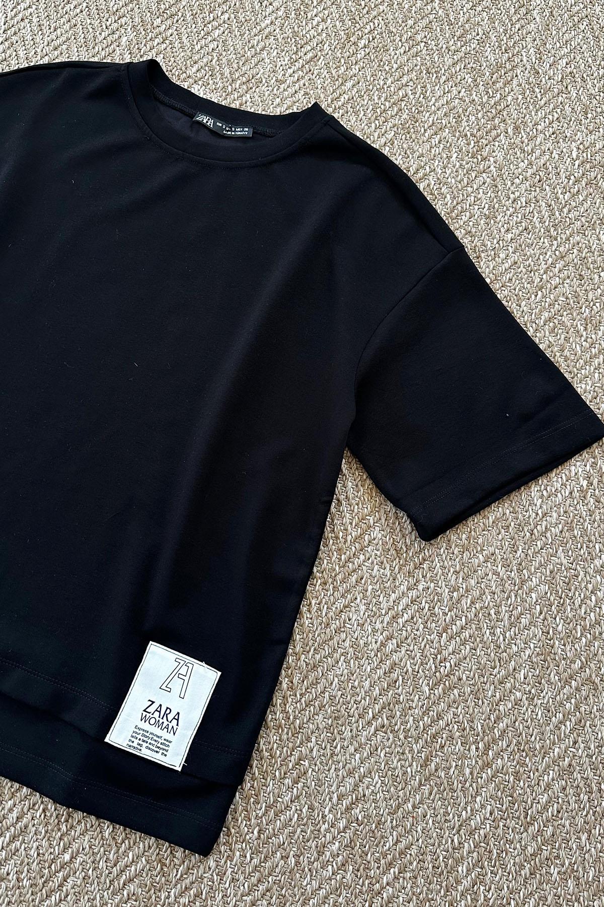Kadın Marka Etiket Baskılı Kısa Kol Tshirt - SİYAH