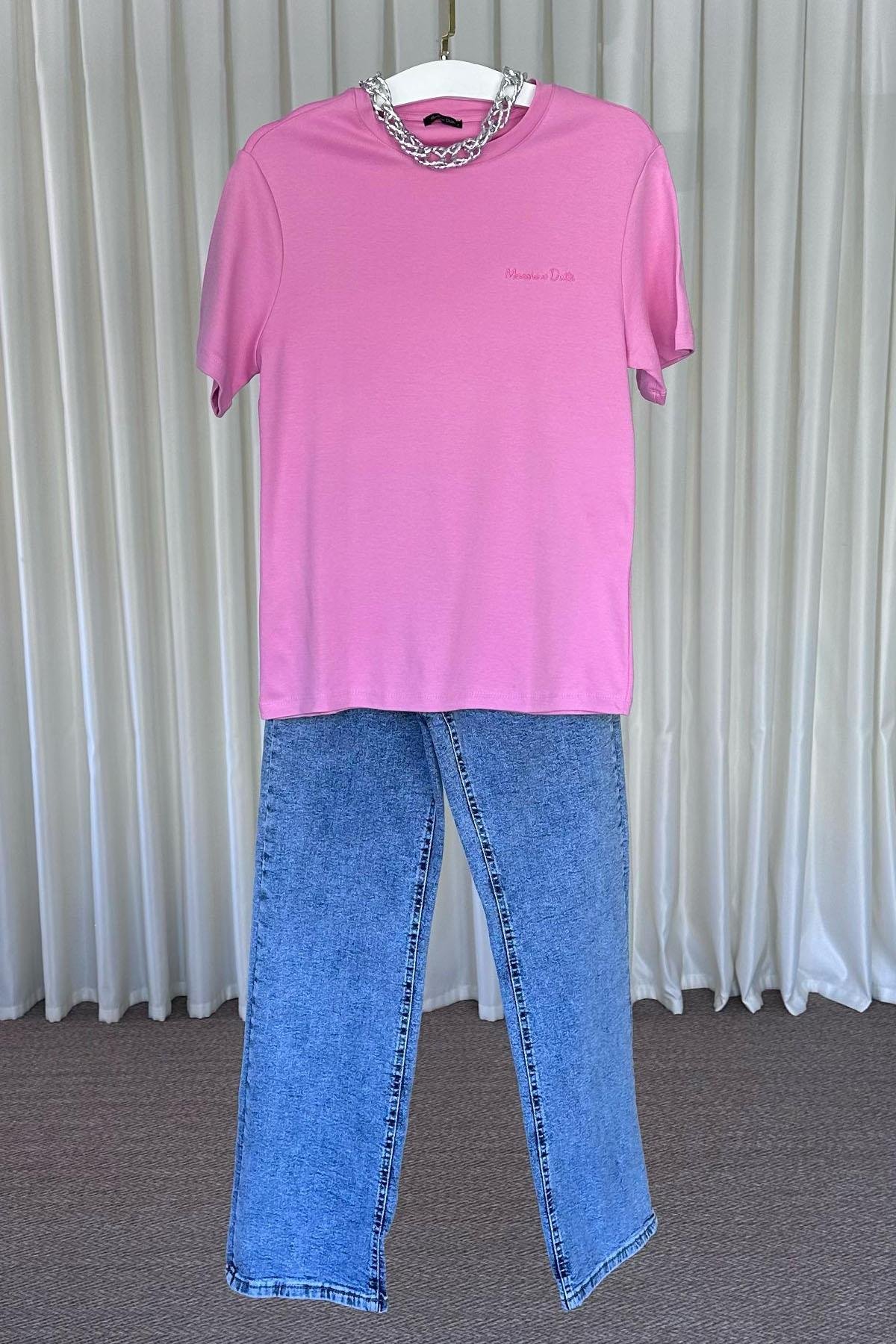 Kadın Marka Yazı İşlemeli Tshirt - PEMBE