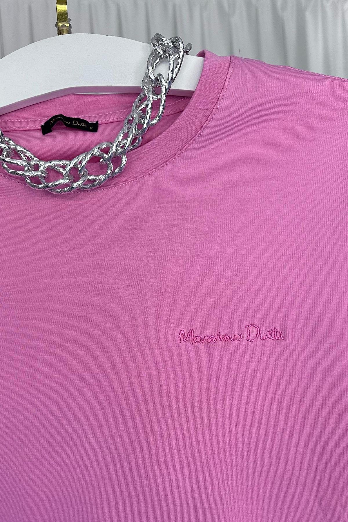 Kadın Marka Yazı İşlemeli Tshirt - PEMBE