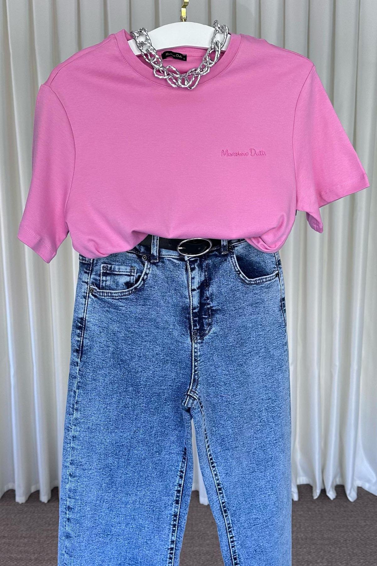 Kadın Marka Yazı İşlemeli Tshirt - PEMBE