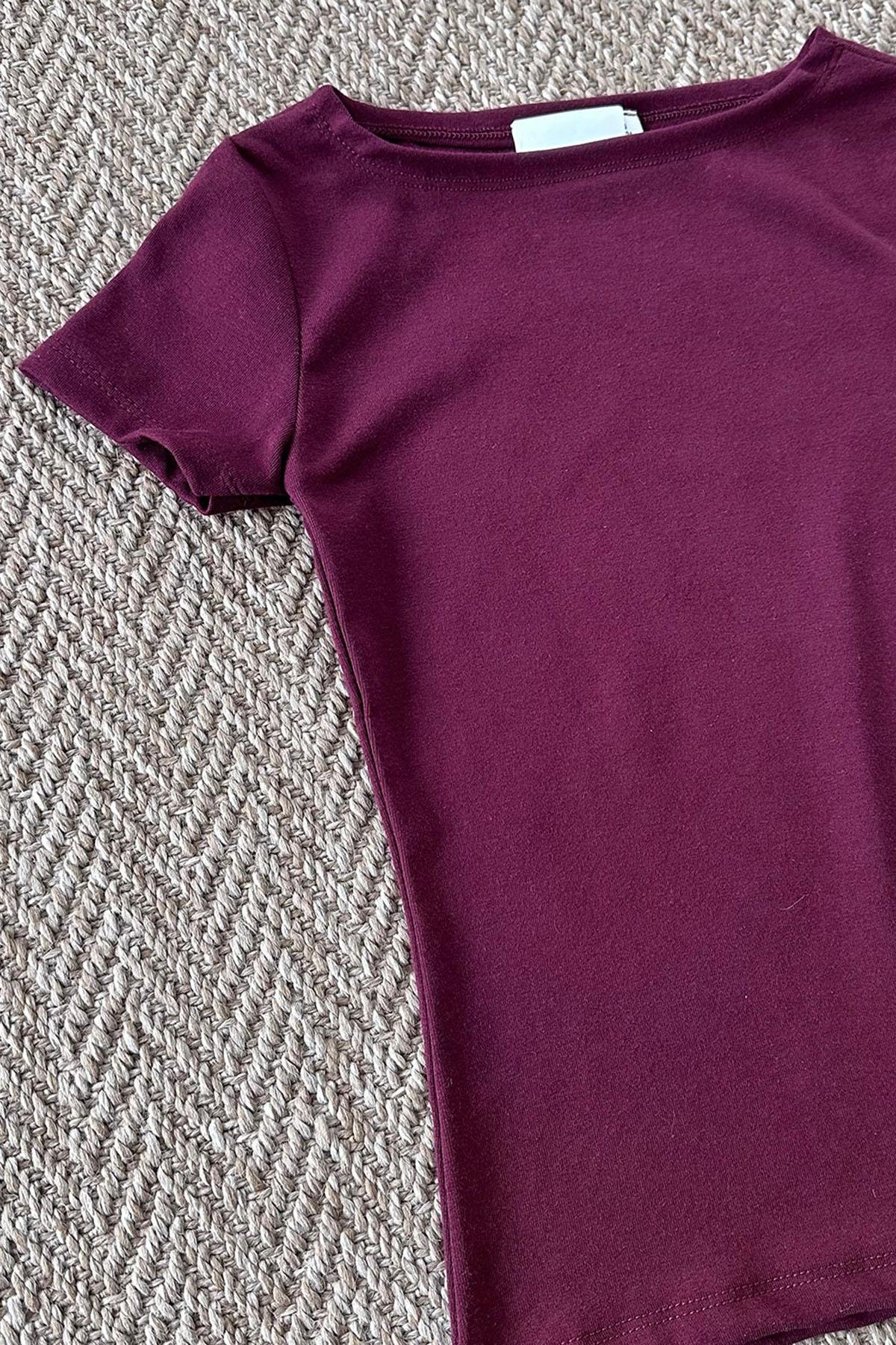 Kadın Modal Kayık Yaka Crop Tshirt - BORDO