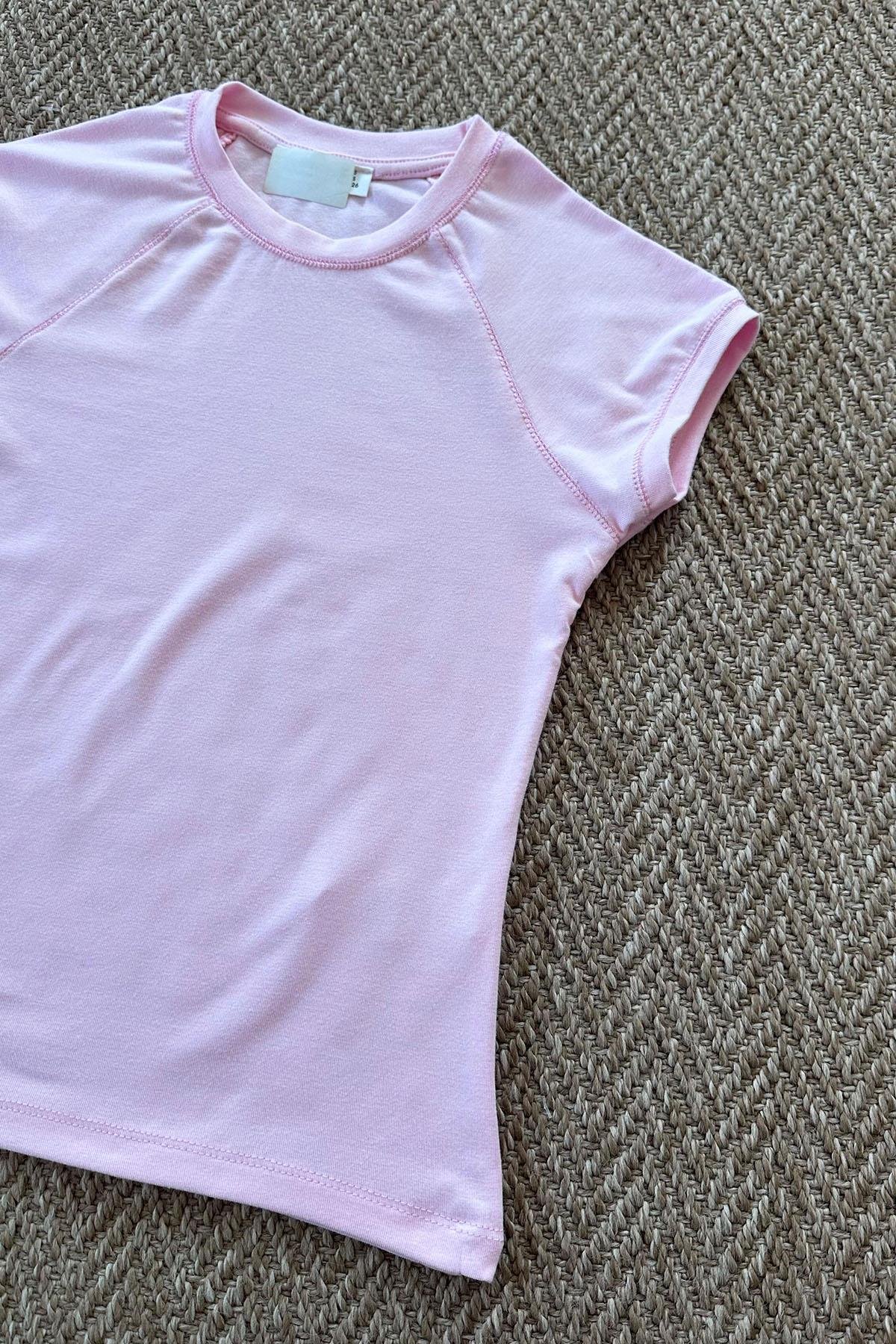 Kadın Modal Kumaş Reglan Crop Tshirt - PEMBE