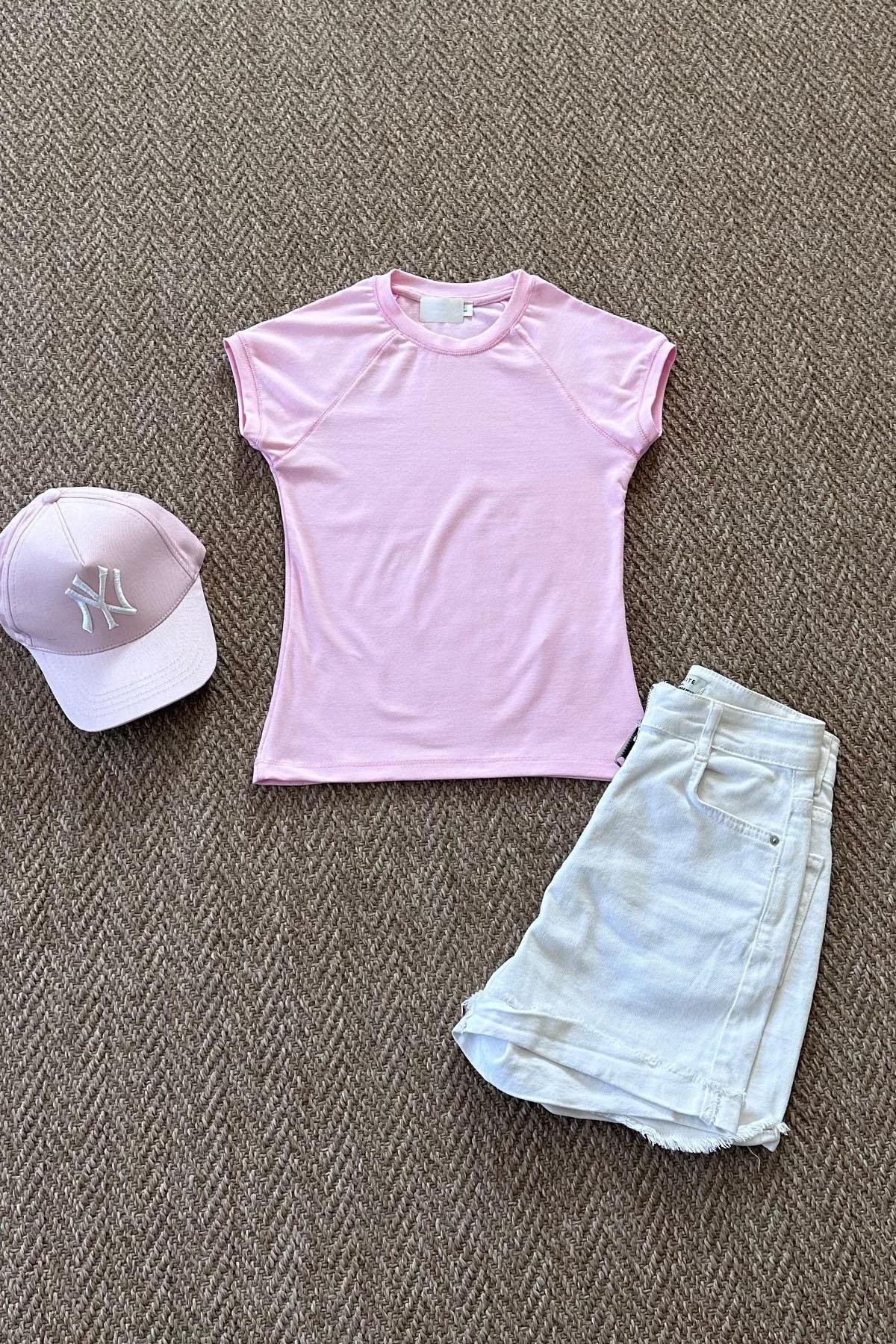 Kadın Modal Kumaş Reglan Crop Tshirt - PEMBE