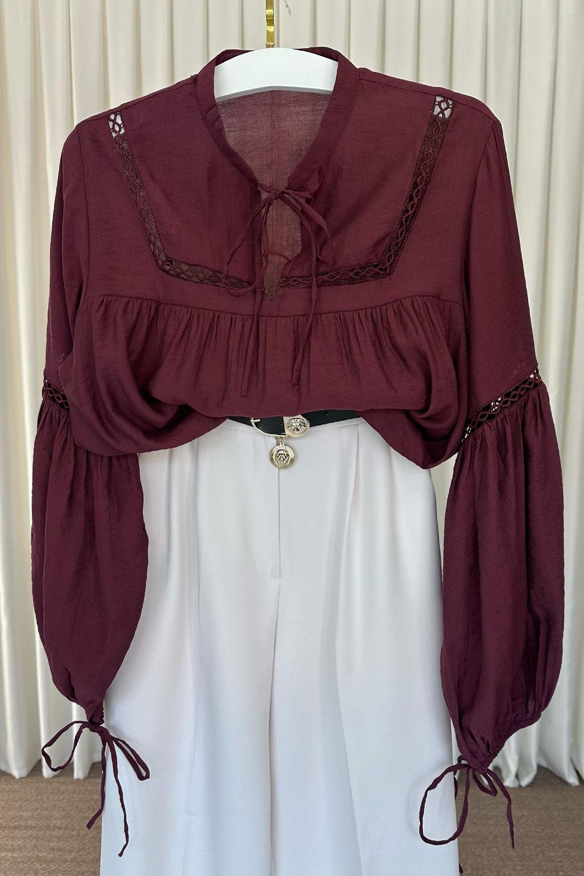 Kadın Nakış Detaylı Bluz - BORDO