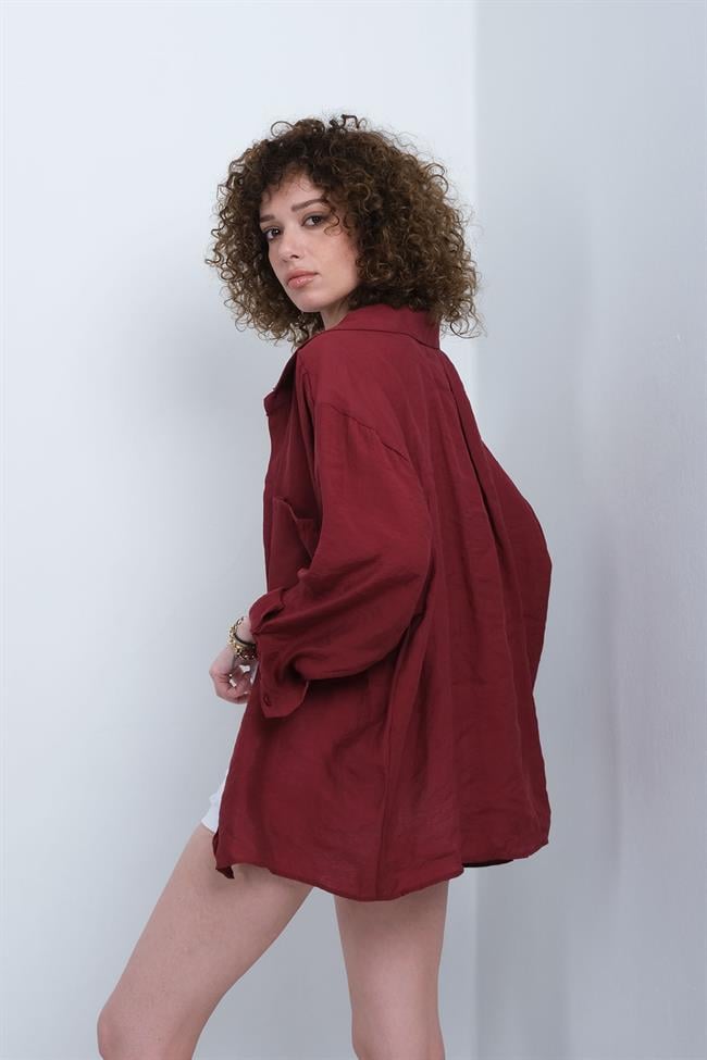 Kadın Omzu Düşük Oversize İnce Kumaş Gömlek - BORDO
