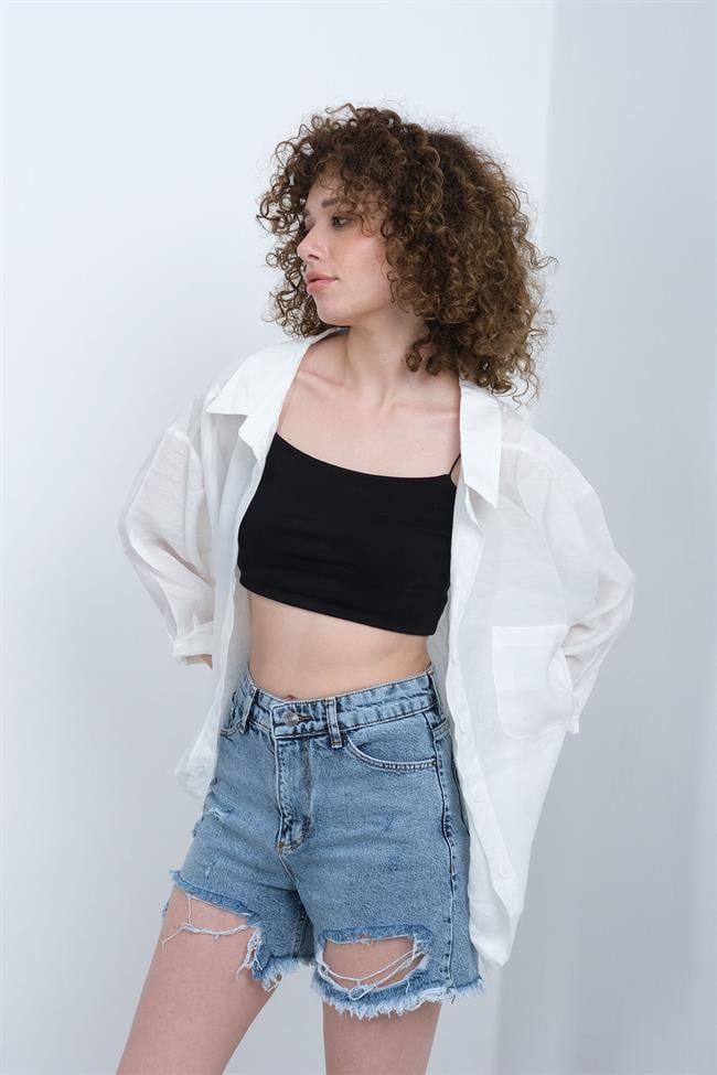 Kadın Omzu Düşük Oversize İnce Kumaş Gömlek - BEYAZ