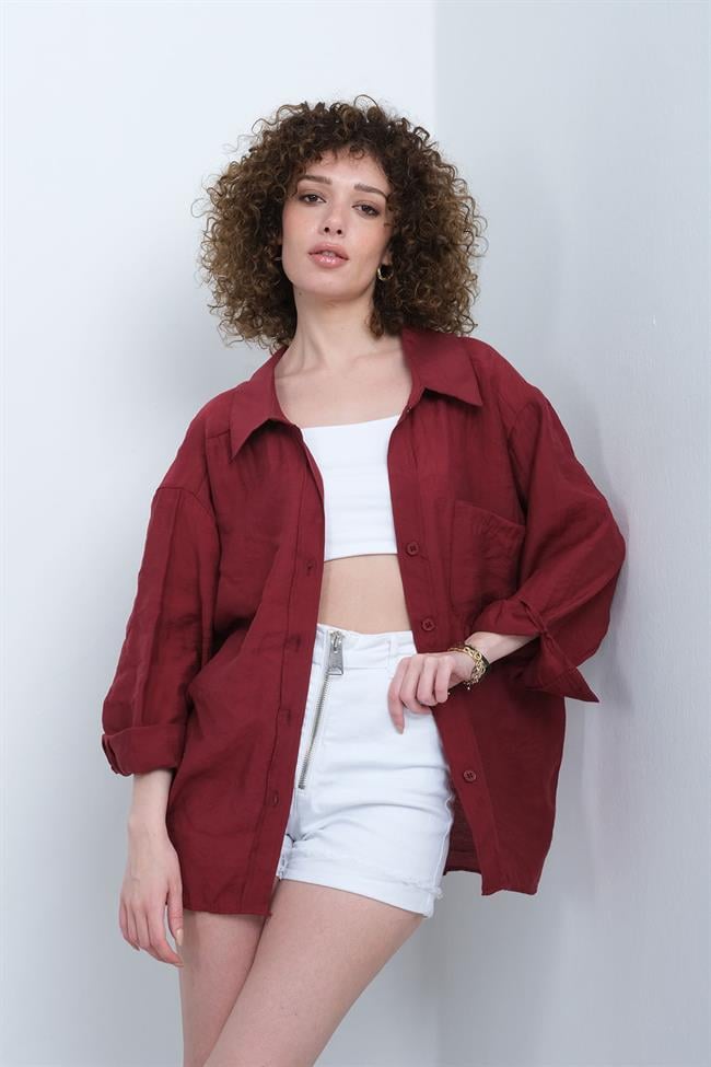 Kadın Omzu Düşük Oversize İnce Kumaş Gömlek - BORDO