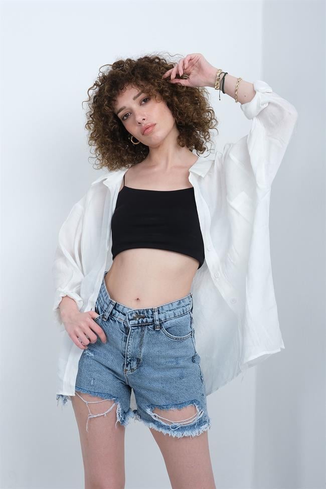 Kadın Omzu Düşük Oversize İnce Kumaş Gömlek - BEYAZ