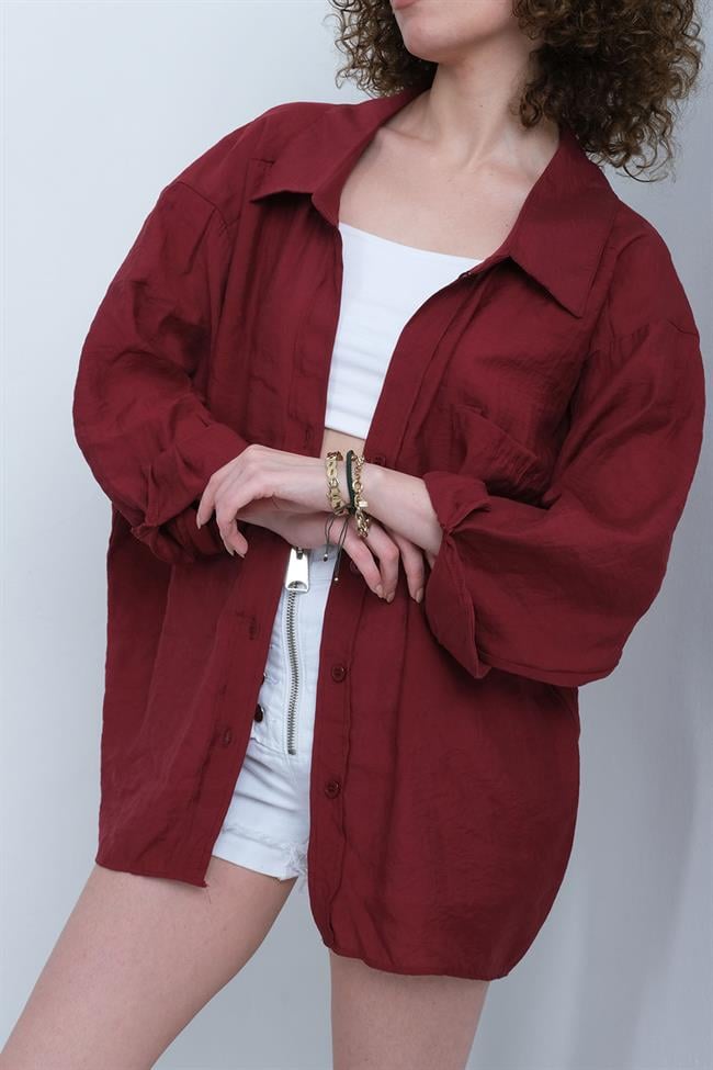 Kadın Omzu Düşük Oversize İnce Kumaş Gömlek - BORDO