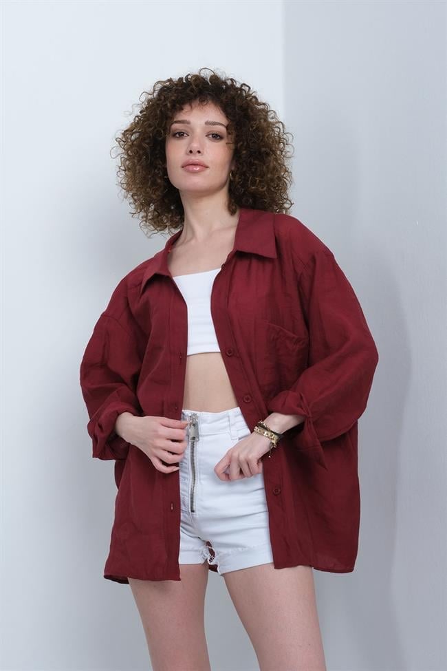 Kadın Omzu Düşük Oversize İnce Kumaş Gömlek - BORDO