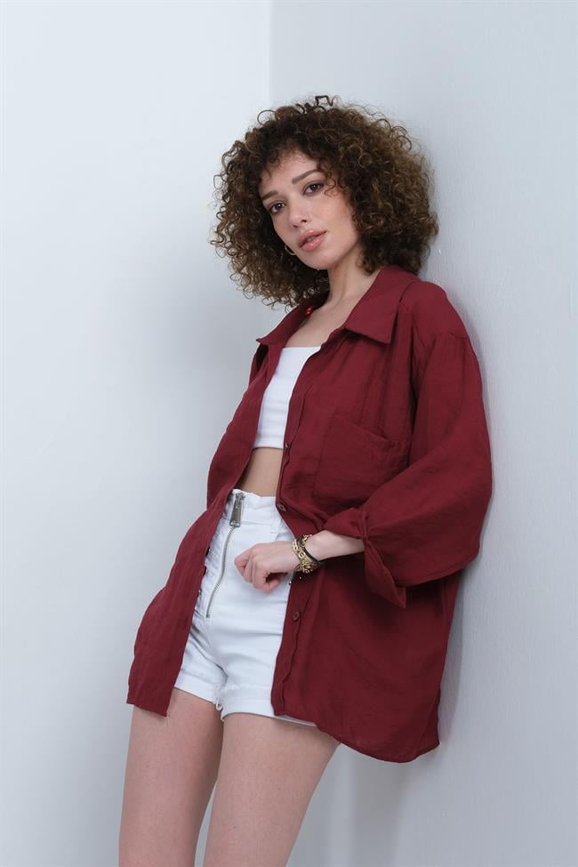 Kadın Omzu Düşük Oversize İnce Kumaş Gömlek - BORDO