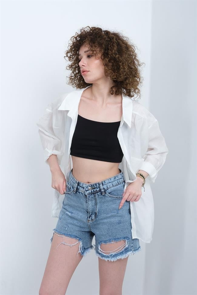 Kadın Omzu Düşük Oversize İnce Kumaş Gömlek - BEYAZ