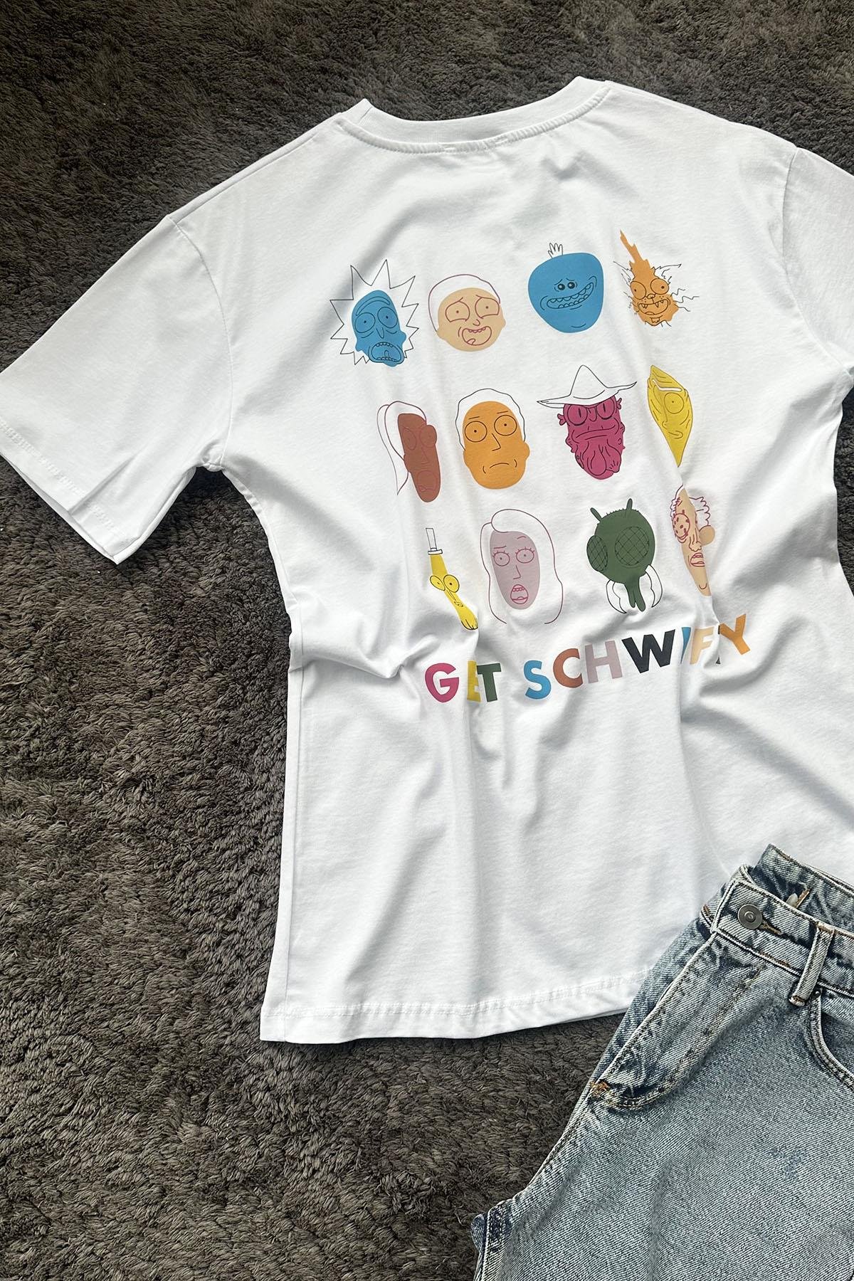 Kadın Ön Arka Rick And Morty Baskılı Tshirt - BEYAZ