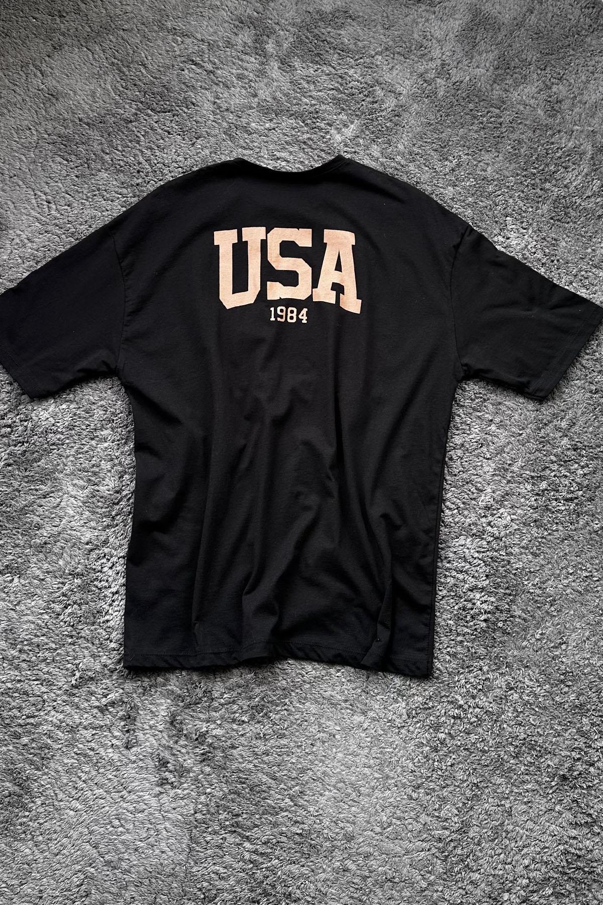 Kadın Ön Arka Usa Baskılı Tshirt - SİYAH