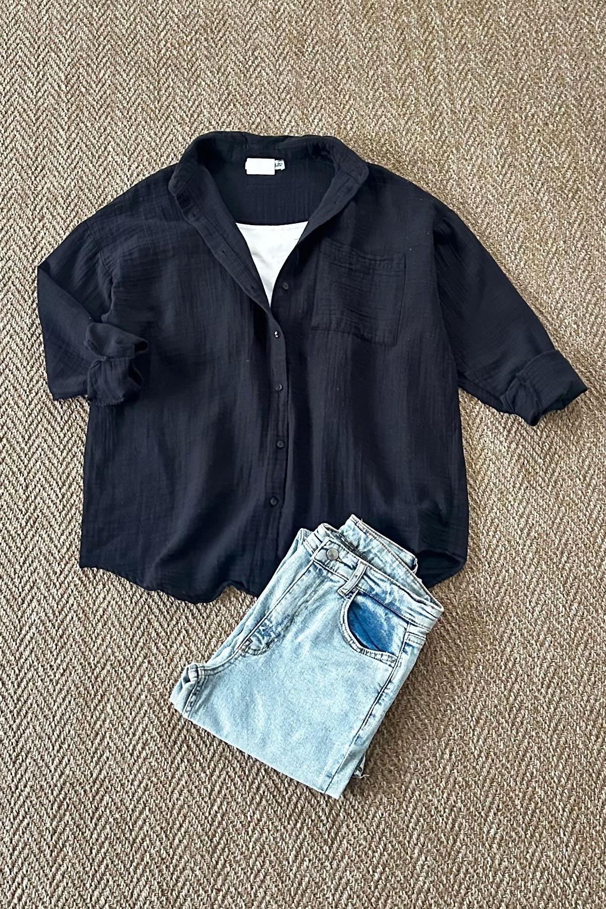 Kadın Oversize Müslin Kumaş Gömlek - SİYAH