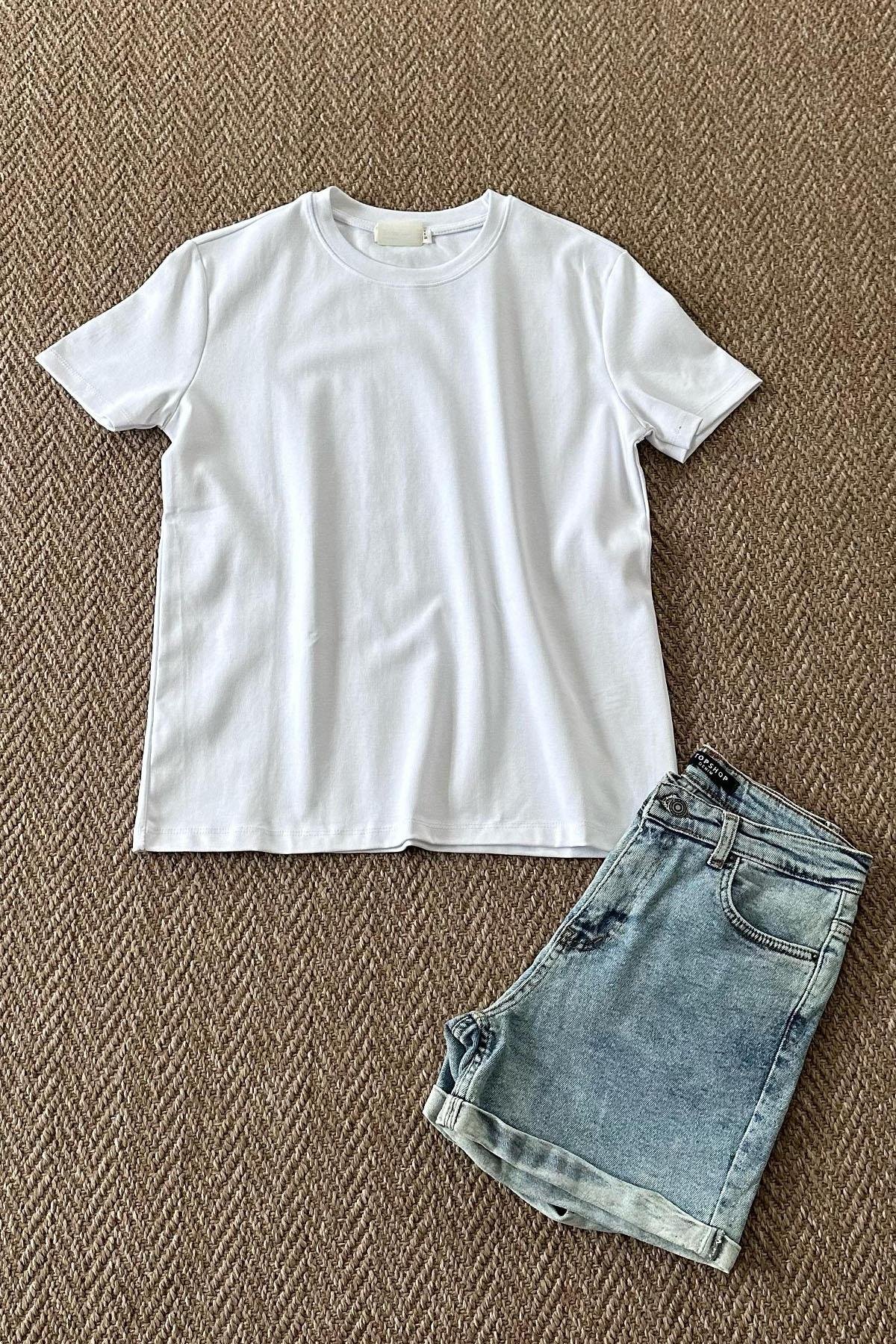 Kadın Pamuklu Basic Tshirt - BEYAZ
