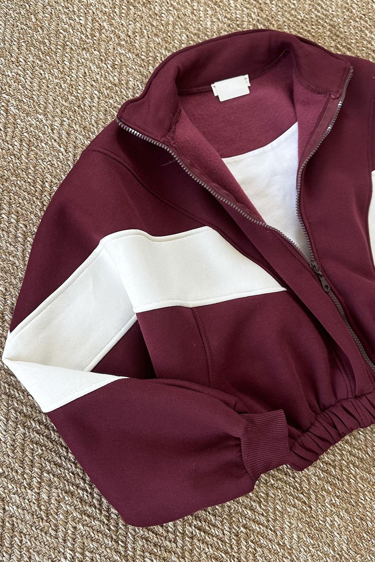 Kadın Parça Garnili Fermuarlı Sweatshirt - BORDO