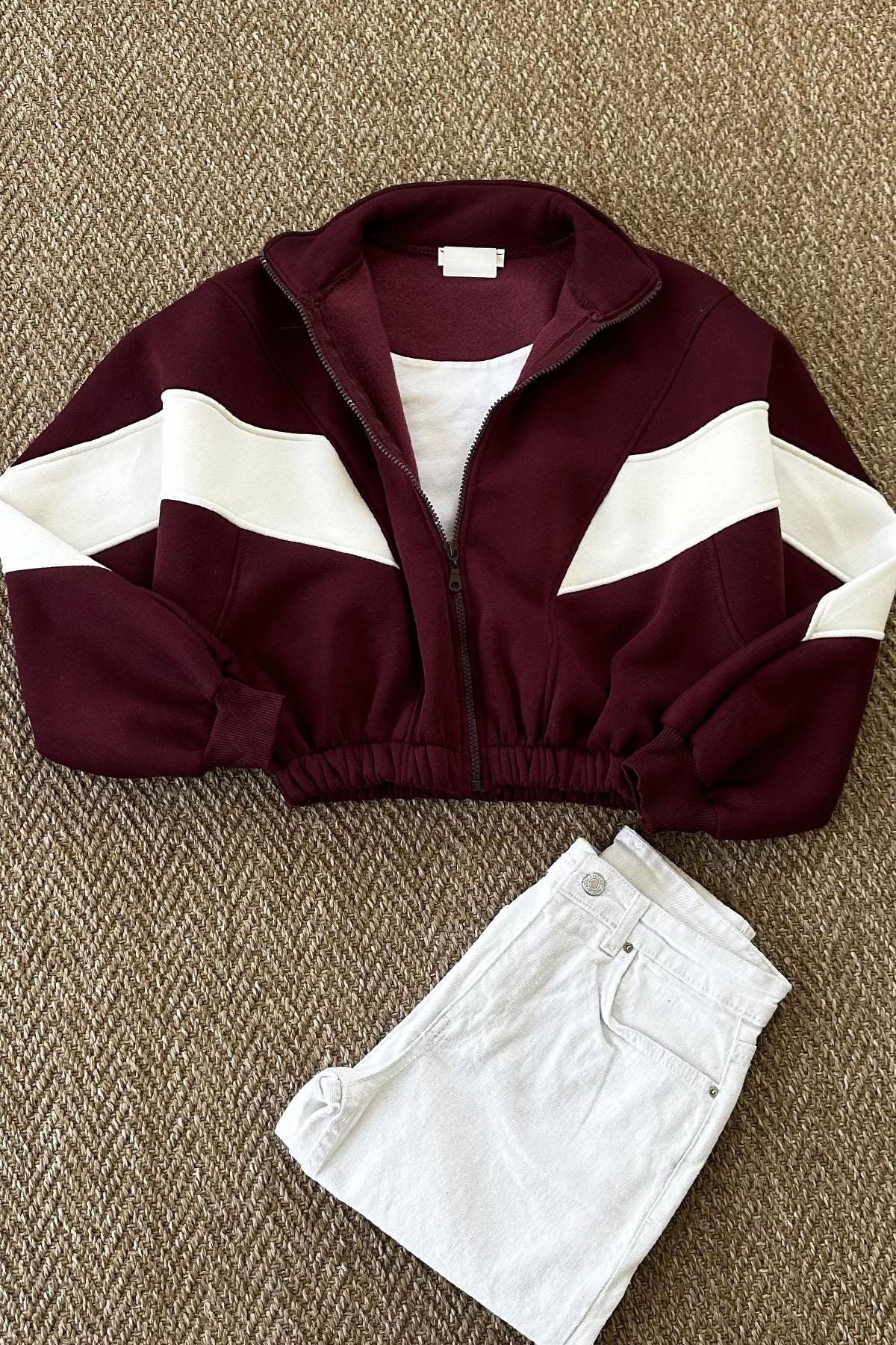 Kadın Parça Garnili Fermuarlı Sweatshirt - BORDO