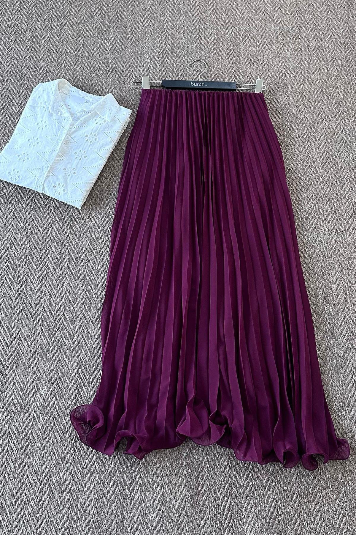 Kadın Piliseli Şifon Maxi Boy Etek - BORDO