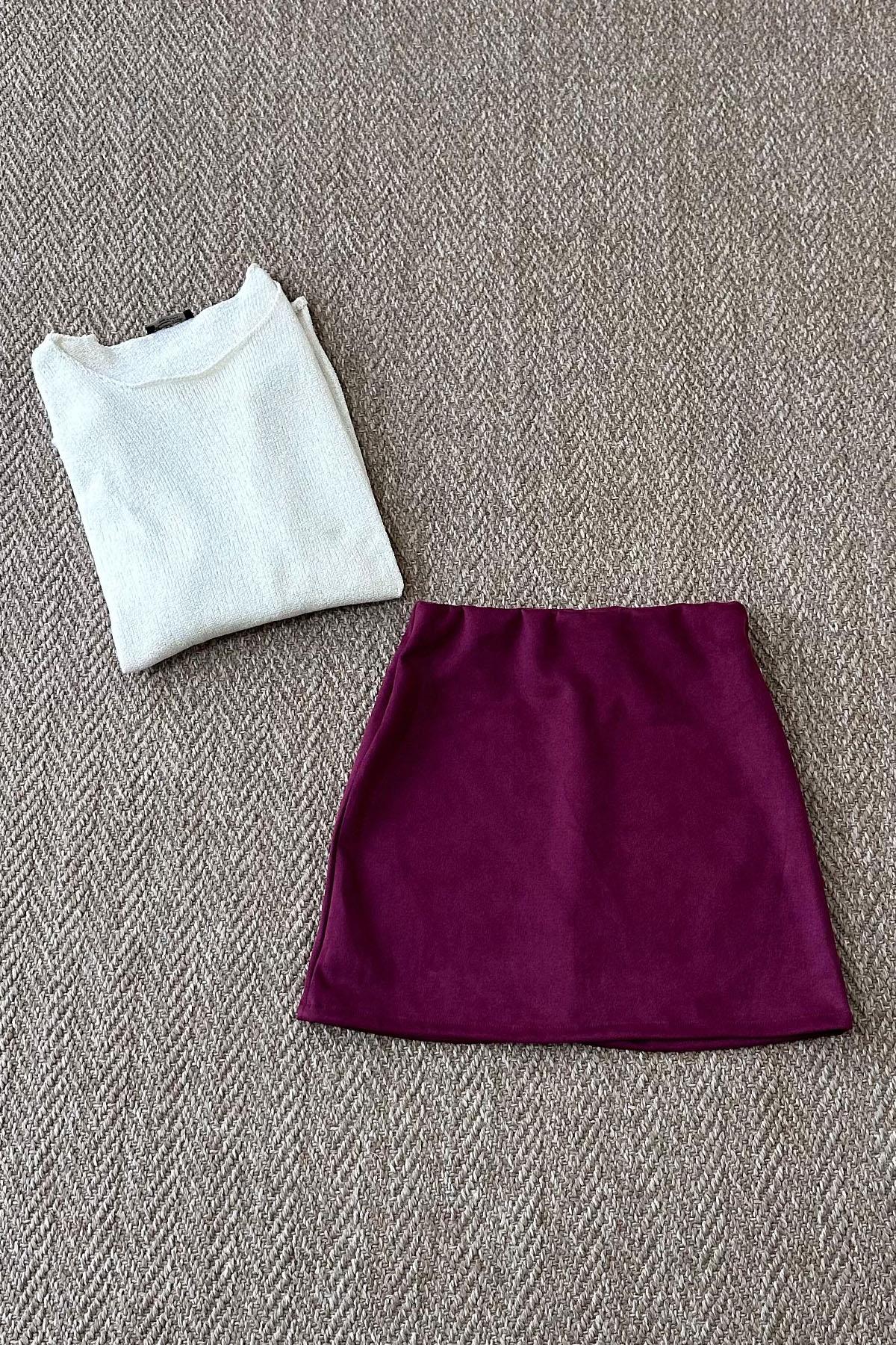 Kadın Süet Düz Mini Etek - BORDO