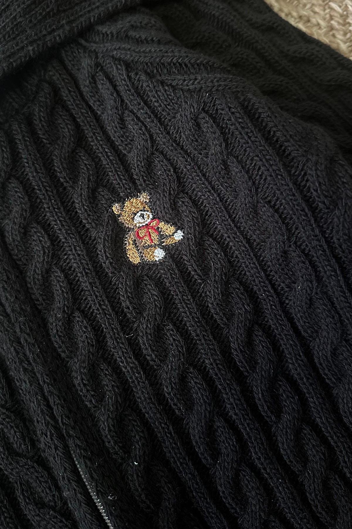 Kadın Teddy Nakışlı Örgü Triko Fermuarlı Hırka - SİYAH