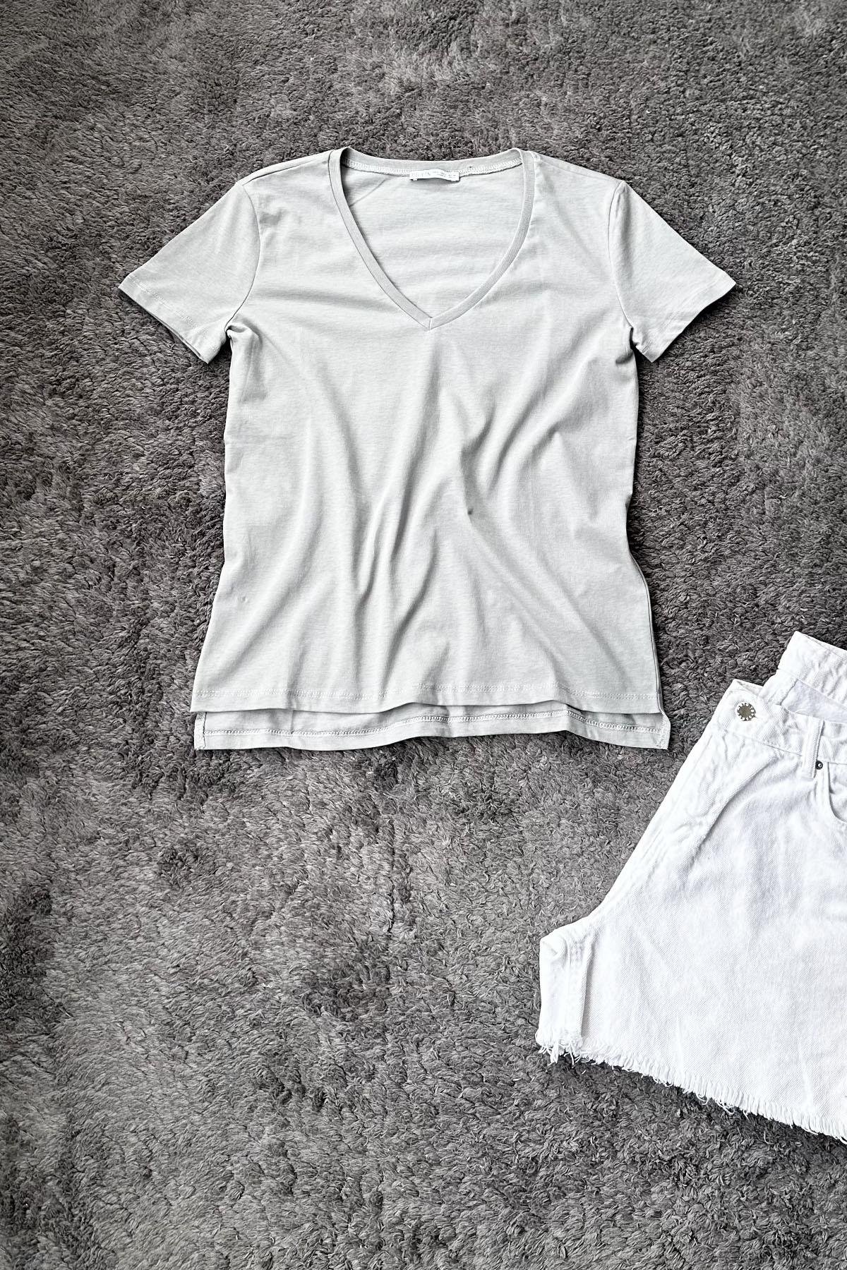 Kadın V Yaka Basic Tshirt - GRİ