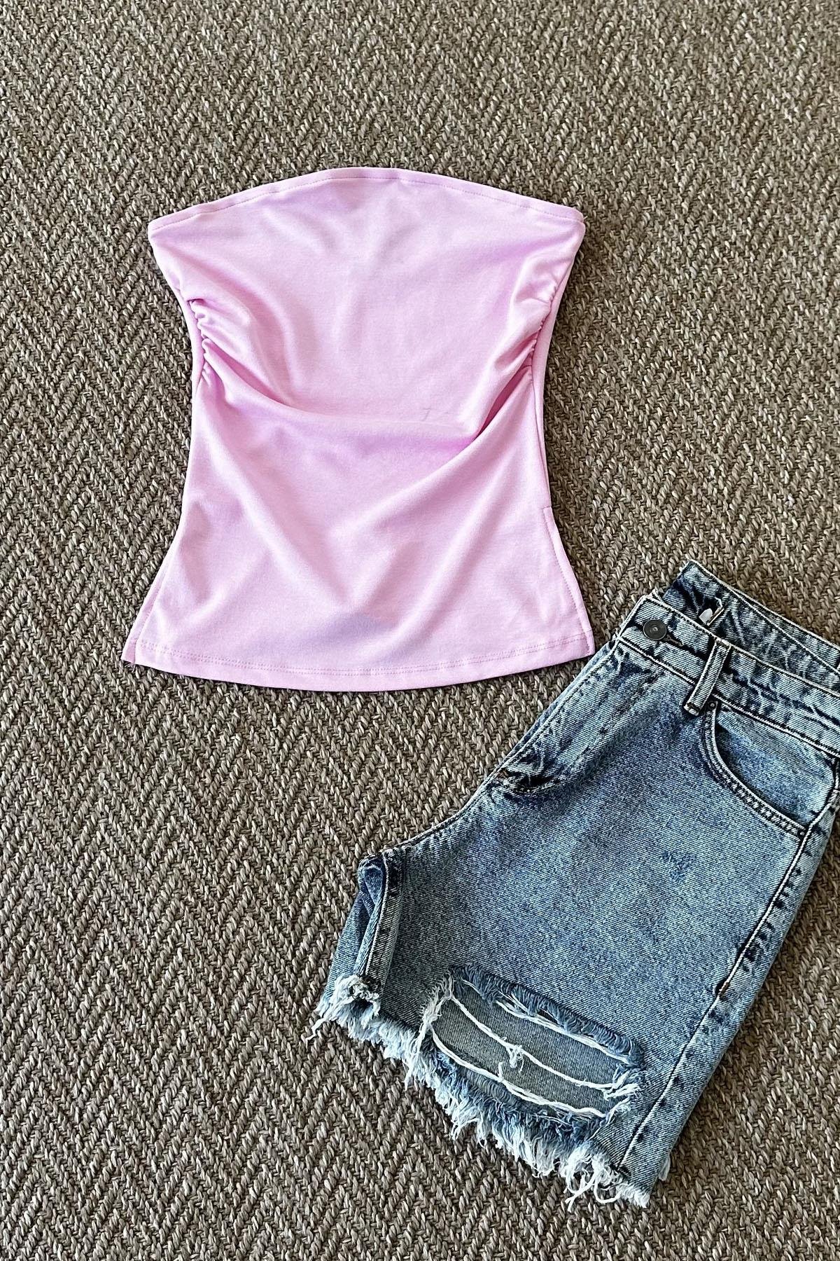 Kadın Yanı Yırtmaçlı Büzgü Detaylı Straplez Body - PEMBE