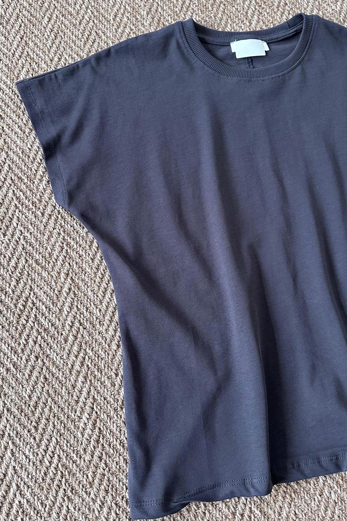 Kadın Yarasa Kol Basic Tshirt - FÜME