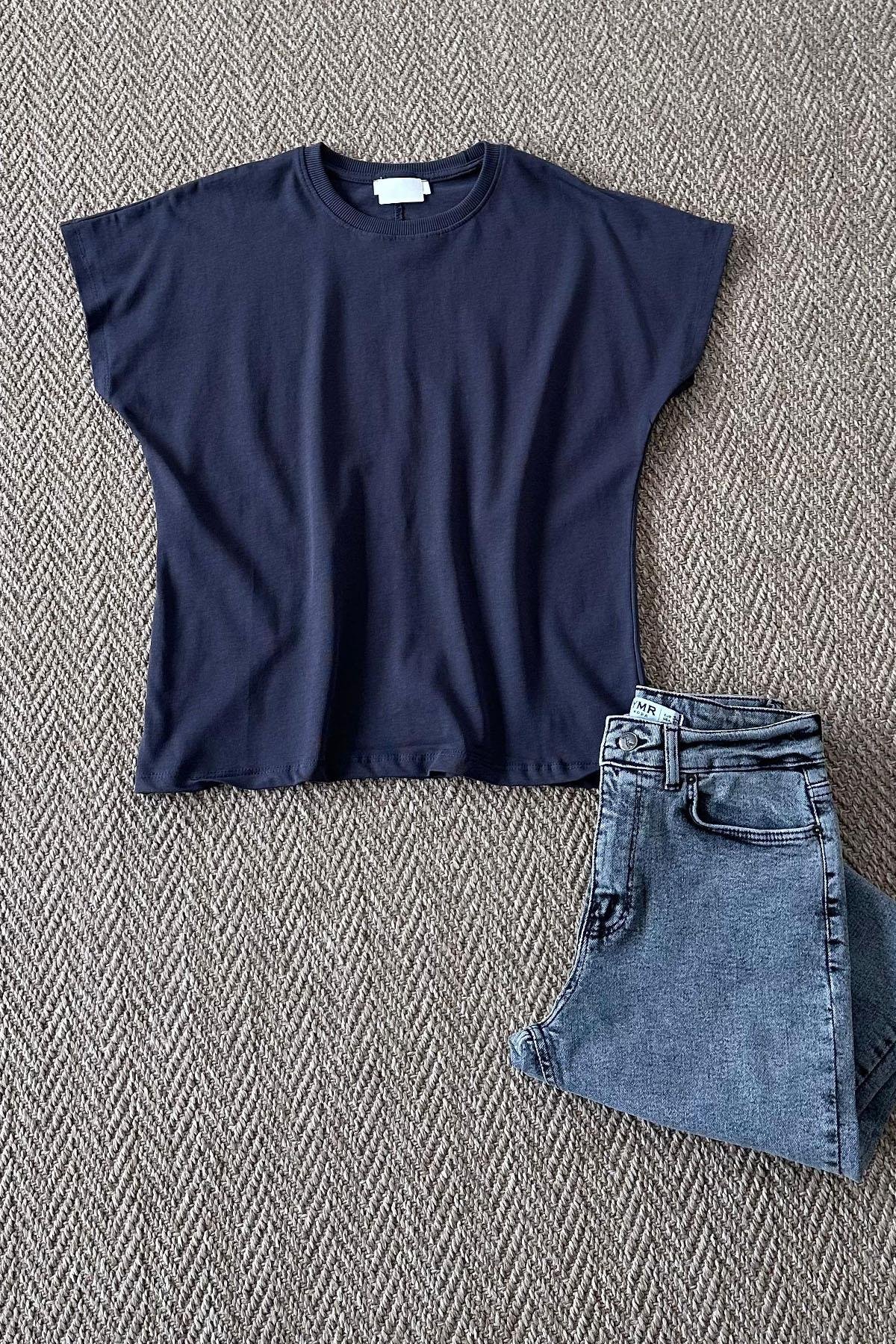 Kadın Yarasa Kol Basic Tshirt - FÜME