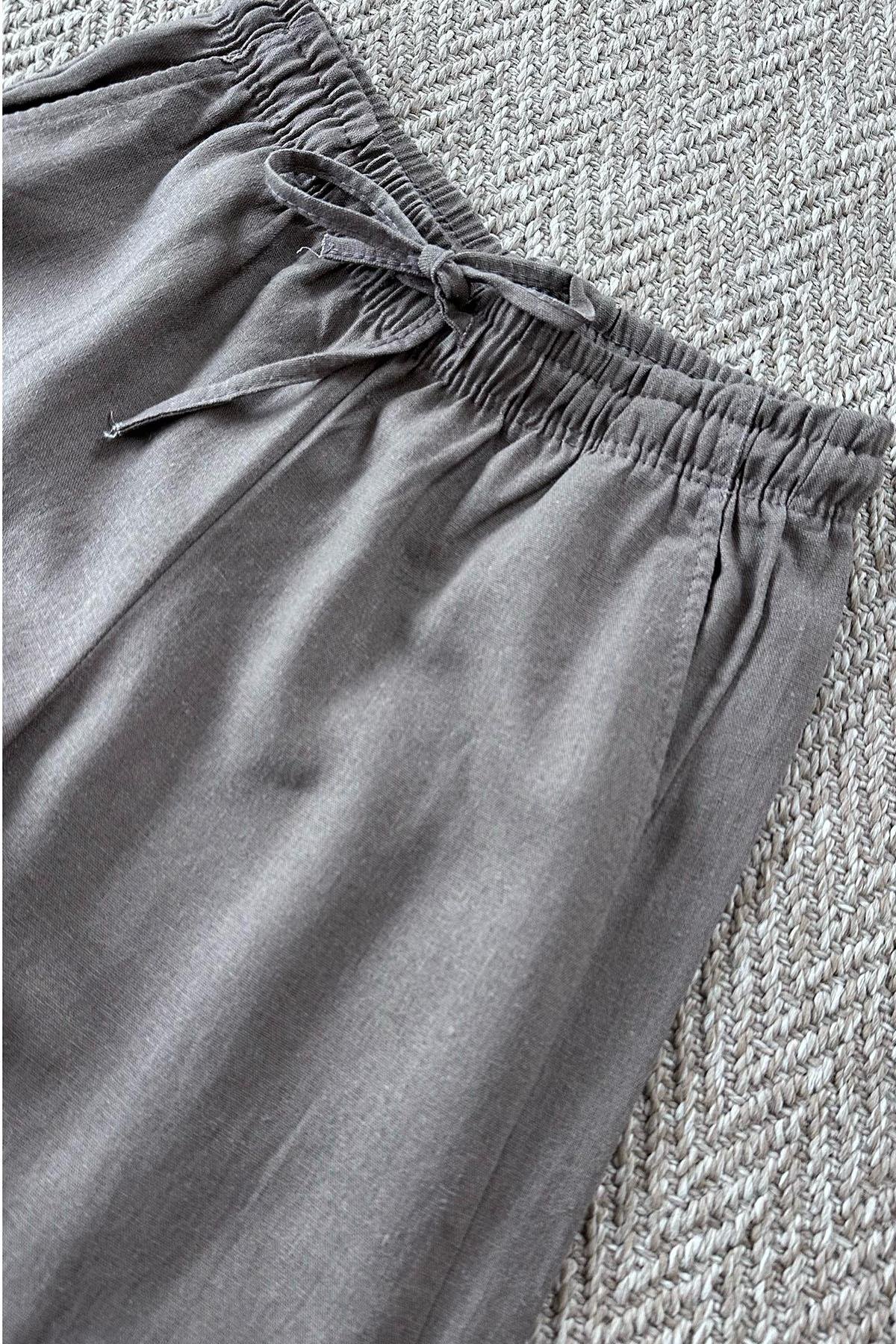 Kadın Yıkamalı Keten Marka Model Pantolon - KAHVE