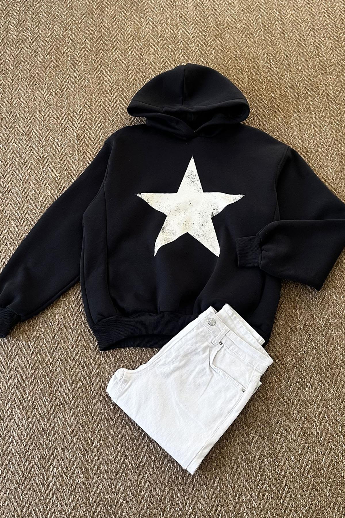 Kadın Yıldız Baskılı Kapüşonlu Sweatshirt - ANTRESİT