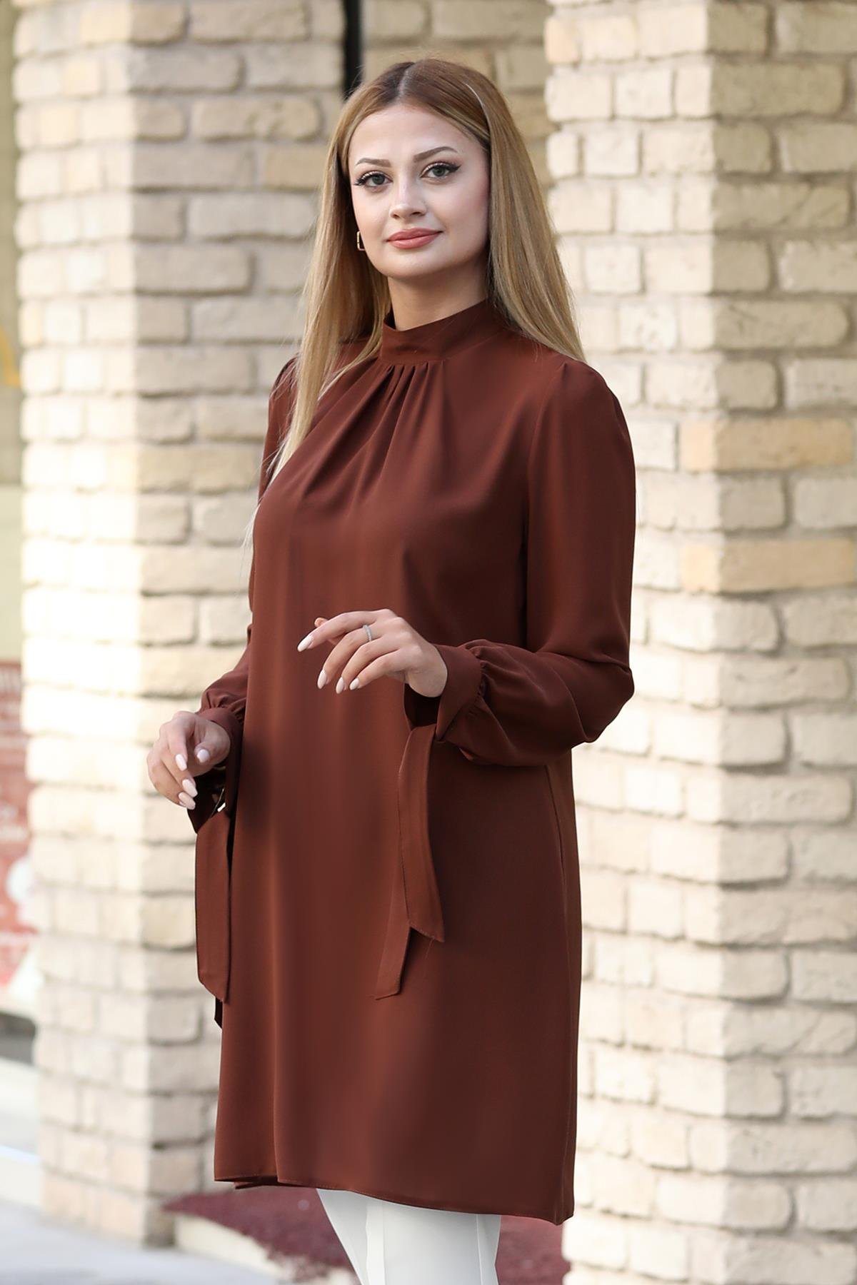 Esila Double Krep Kumaş Tunik - Kahverengi
