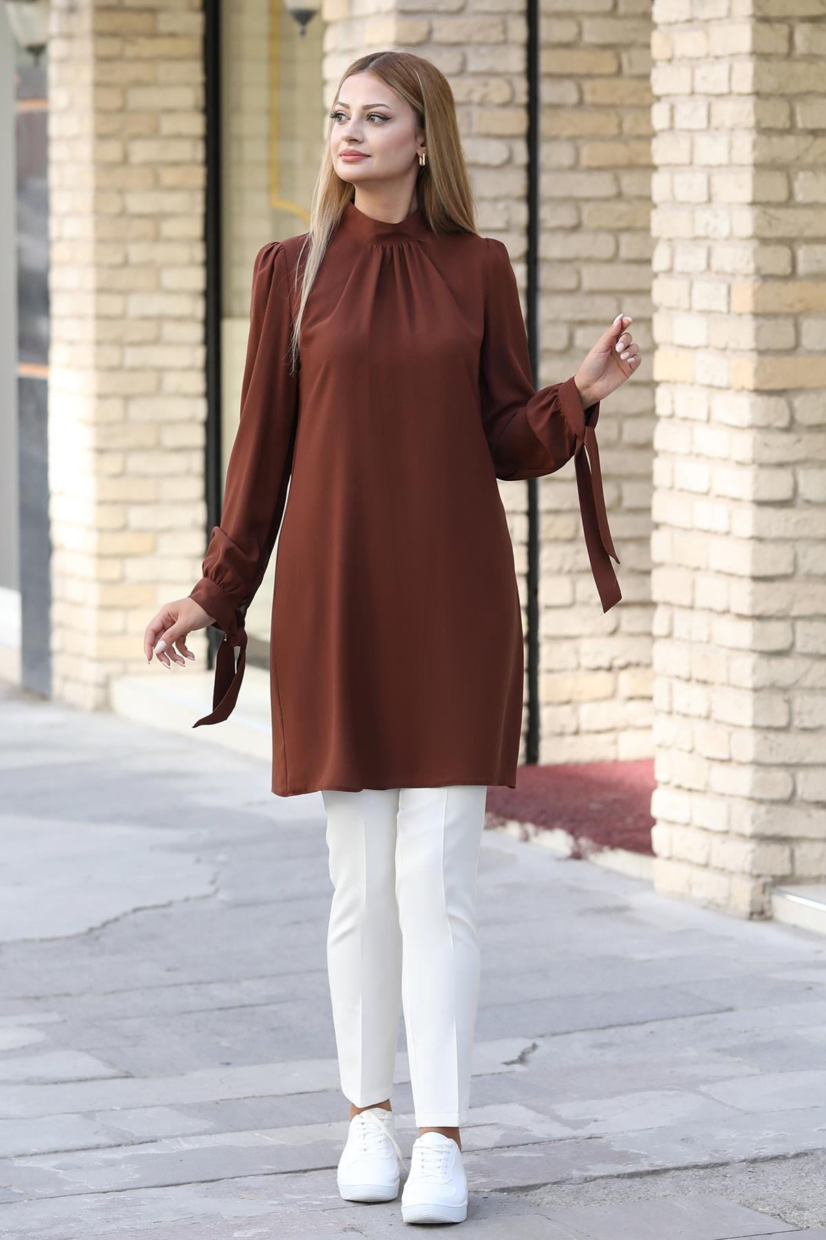 Esila Double Krep Kumaş Tunik - Kahverengi