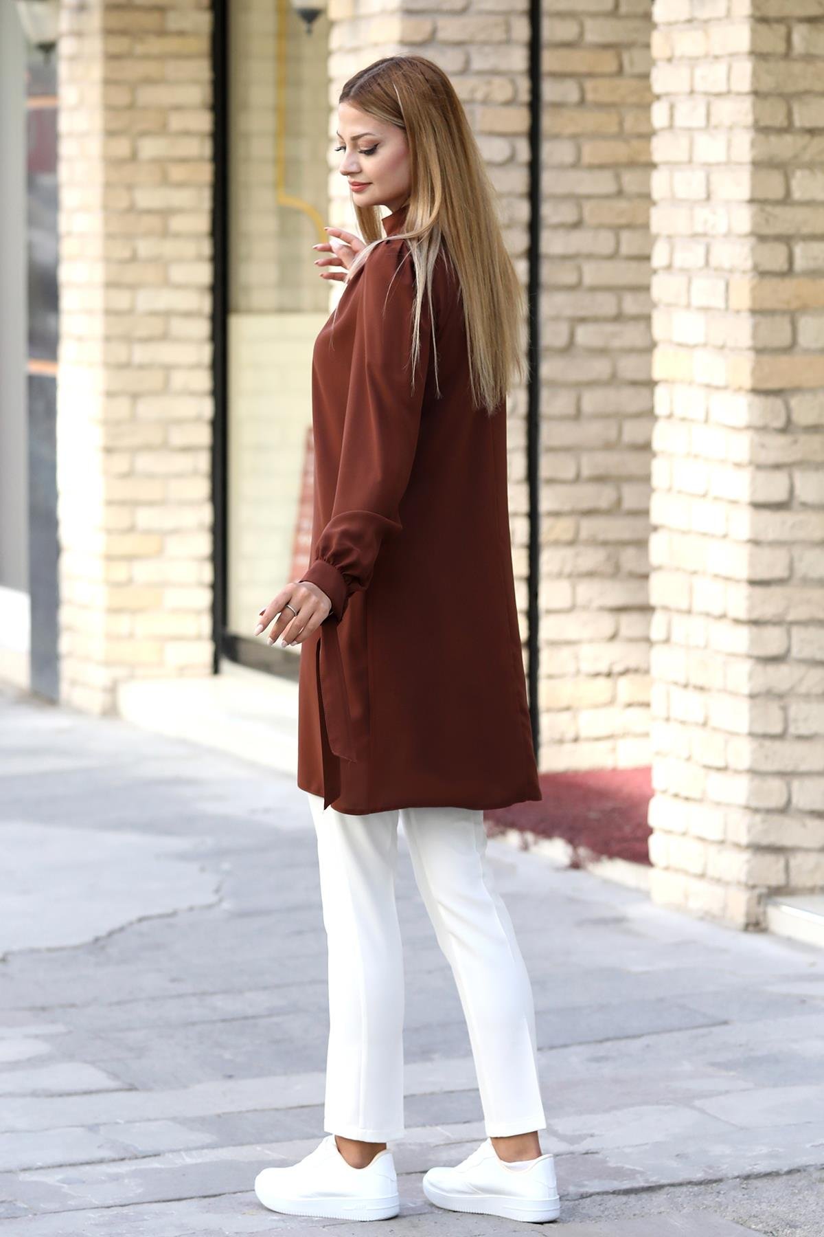 Esila Double Krep Kumaş Tunik - Kahverengi