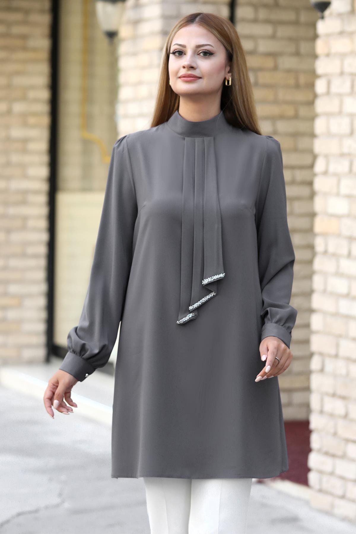 Işıl Double Krep Kumaş Tunik - Gümüş