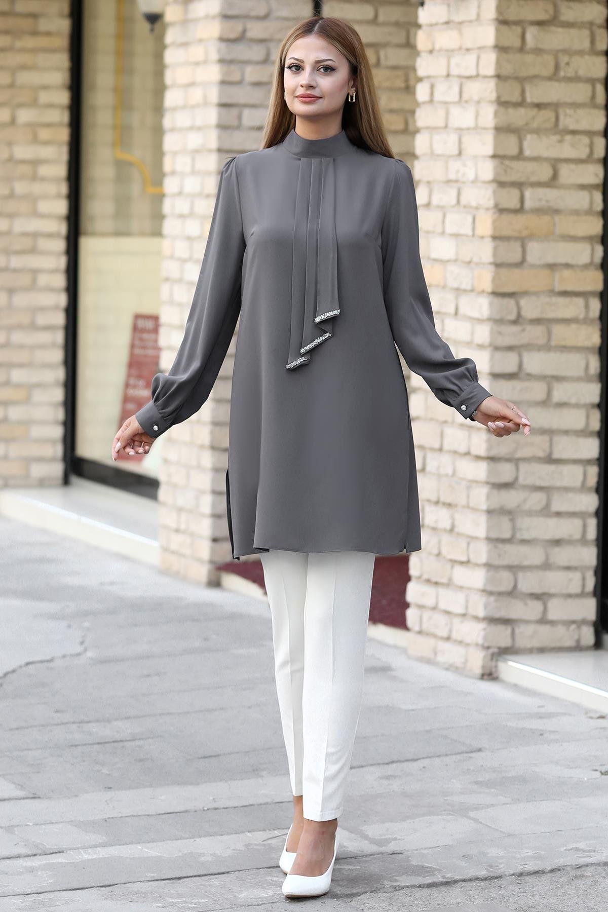 Işıl Double Krep Kumaş Tunik - Gümüş