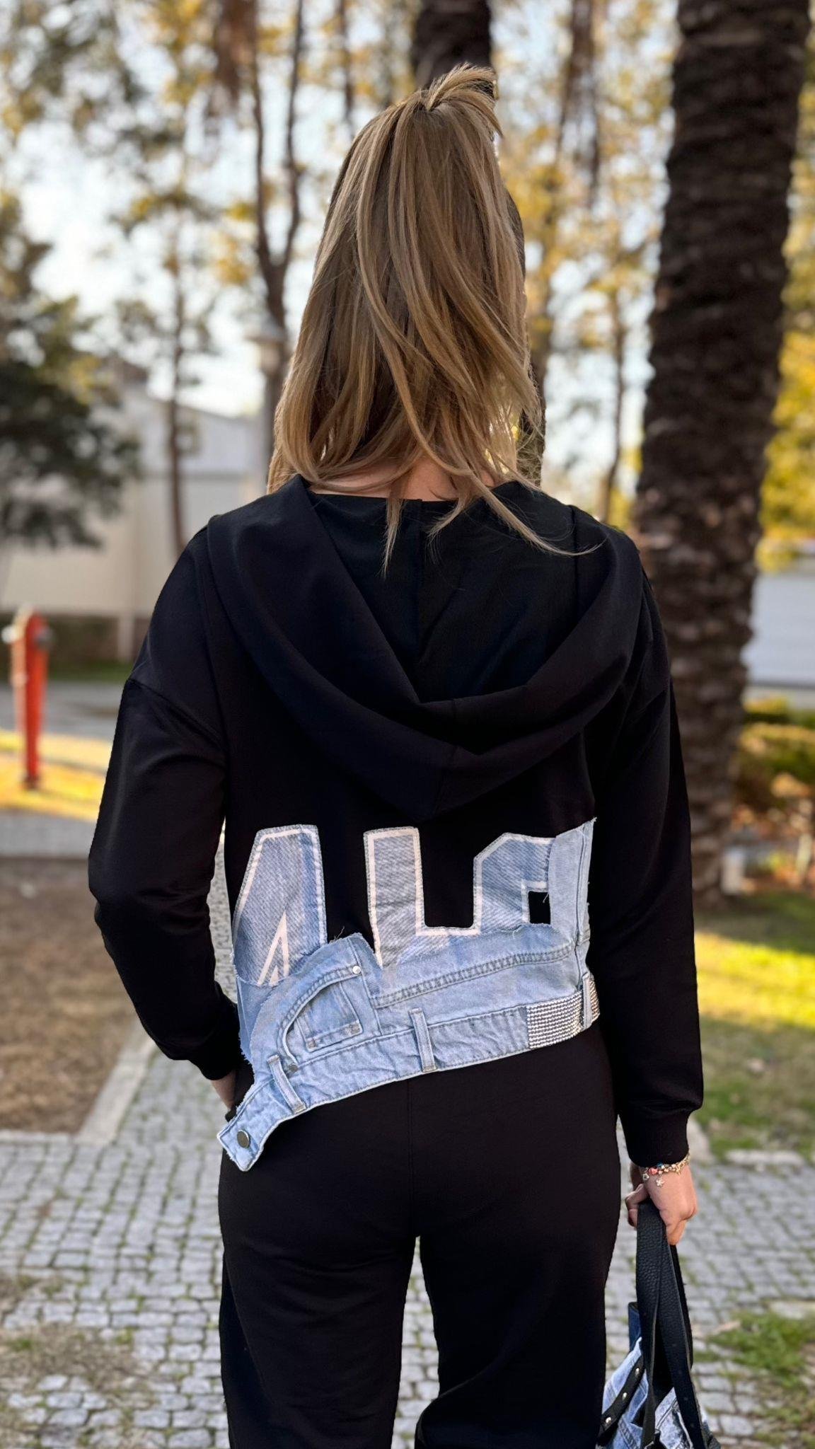 Kot Detay Siyah Sweatshirt