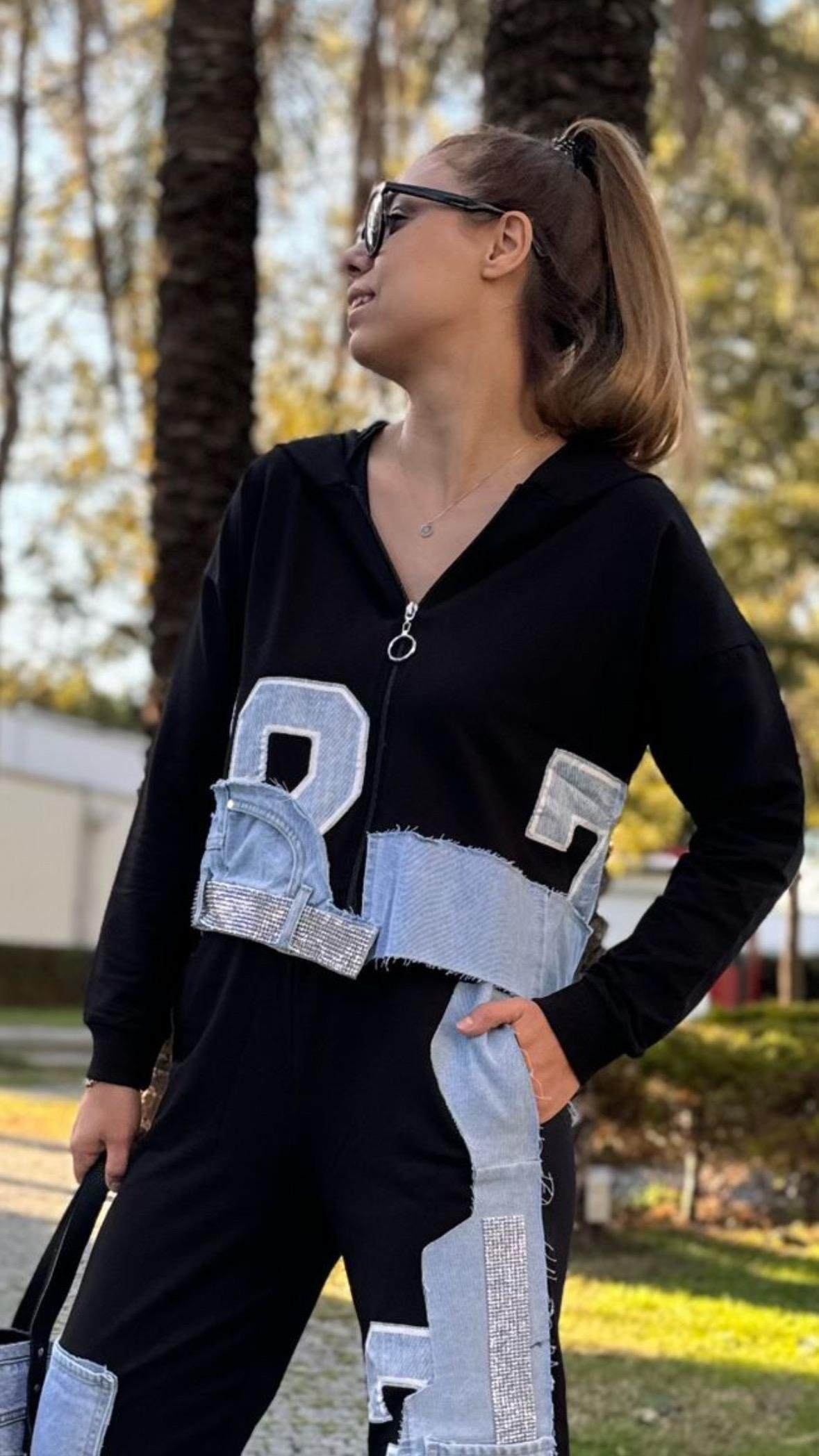 Kot Detay Siyah Sweatshirt